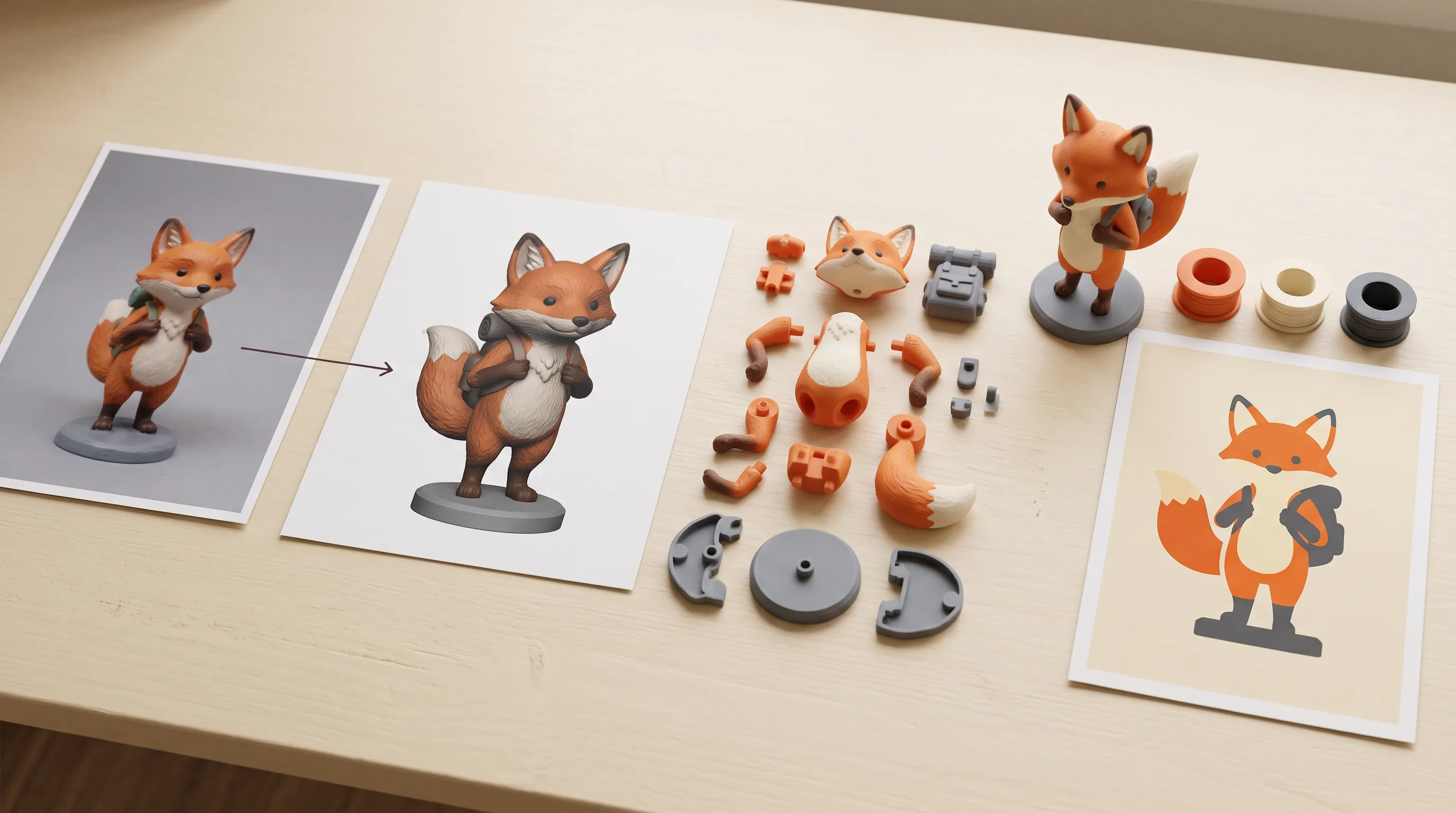 3D-printed fox character model showing design references, individual parts, and assembly components in orange and gray on table