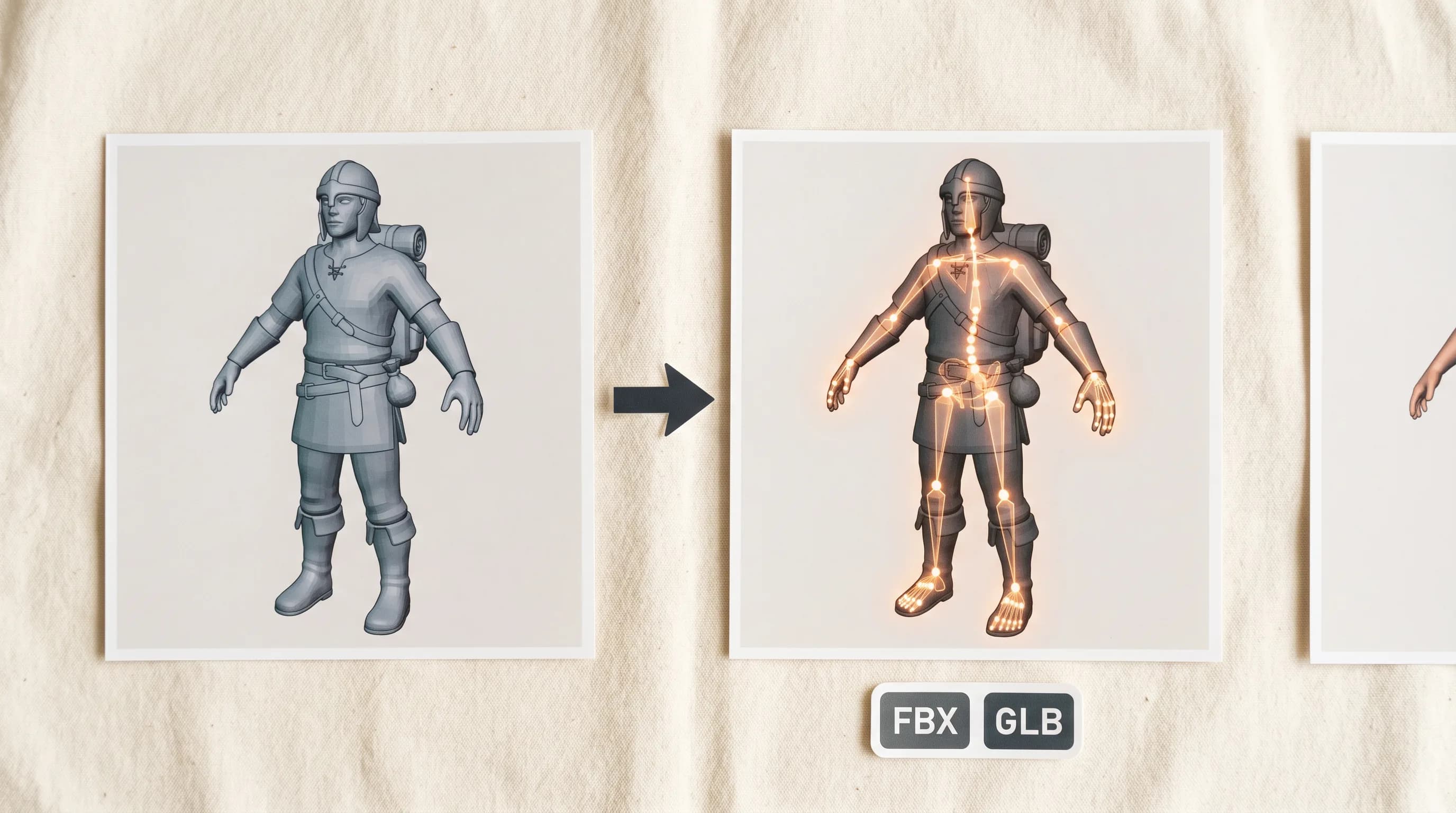 3D medieval knight character model showing clay sculpt and copper textured render with FBX and GLB file format labels