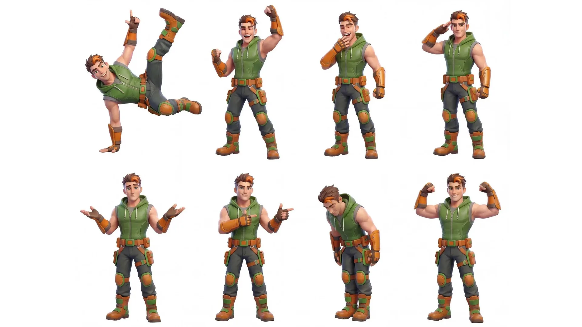 Cartoon action hero in green vest and orange armor showing multiple dynamic poses and expressions on white background