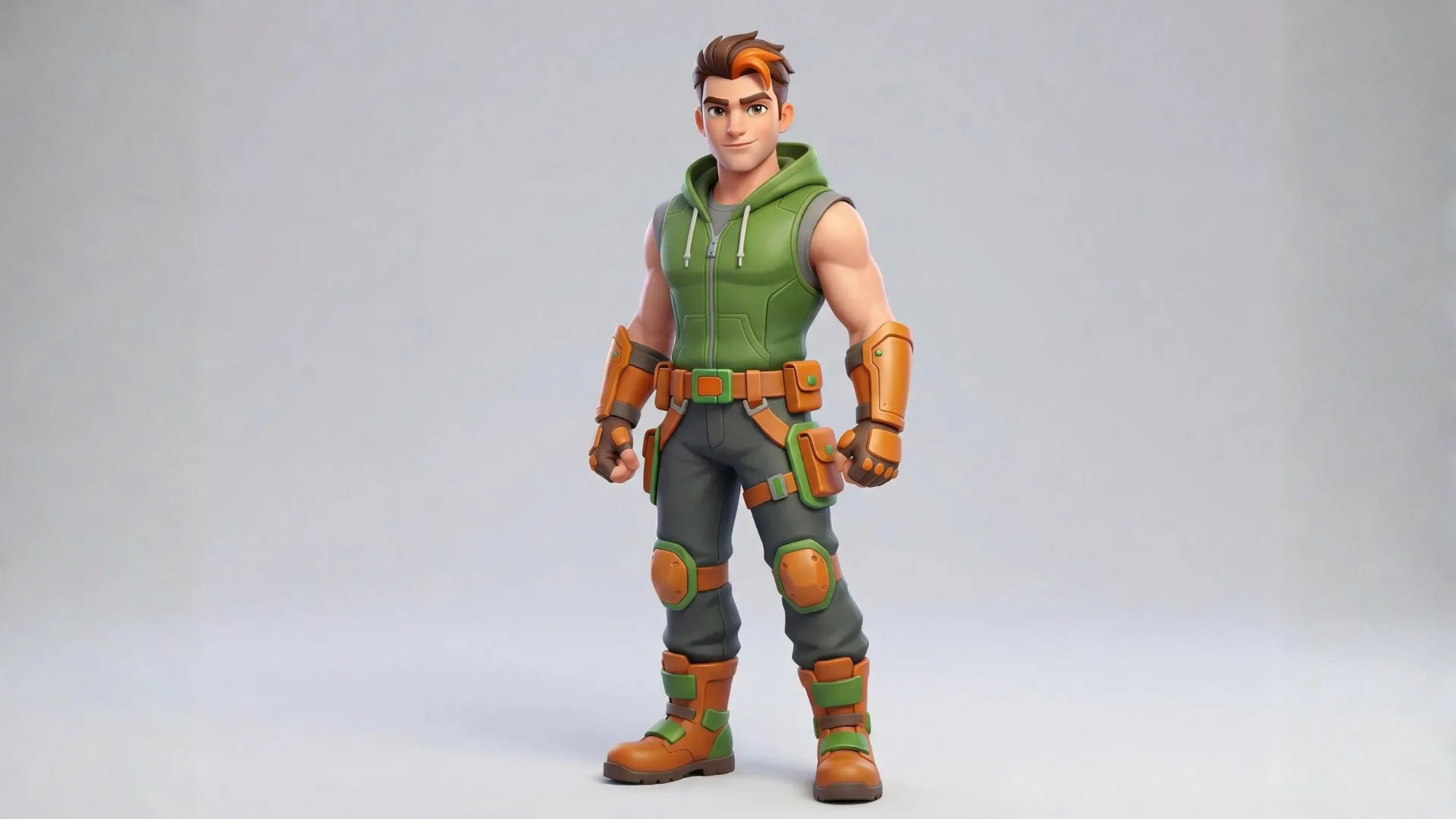 Animated male character wearing green sleeveless hoodie, orange and green tactical armor, gear belt, and combat boots against gray background