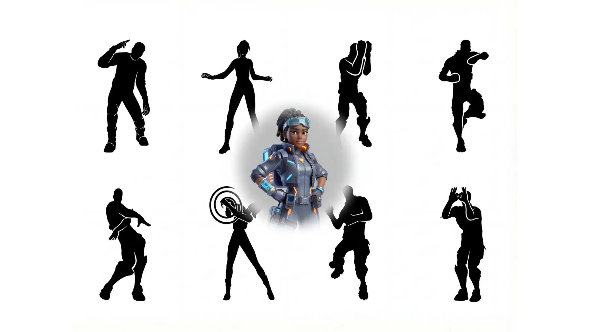 Apex Legends Wraith character in blue tech suit centered with 8 black silhouettes showing different character skins and emotes from the game