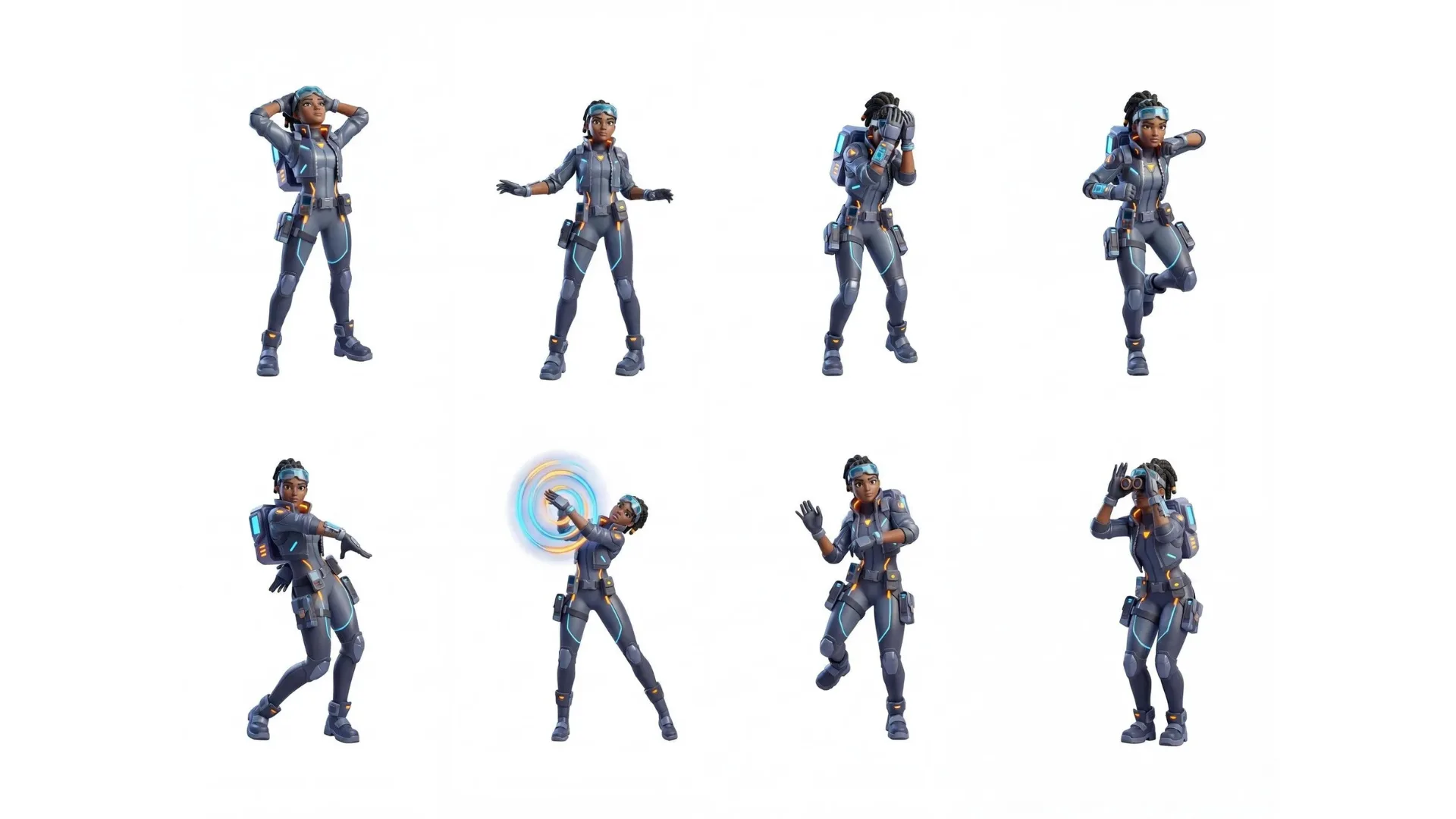 Female game character in blue tactical suit shown in 8 different action poses and animations including running, aiming, shield ability, and combat stances