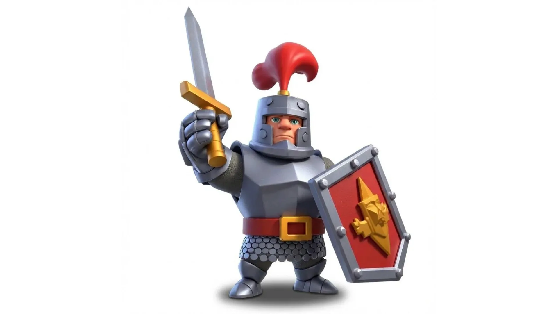 3D cartoon medieval knight character in blue armor holding golden sword and red shield with star emblem