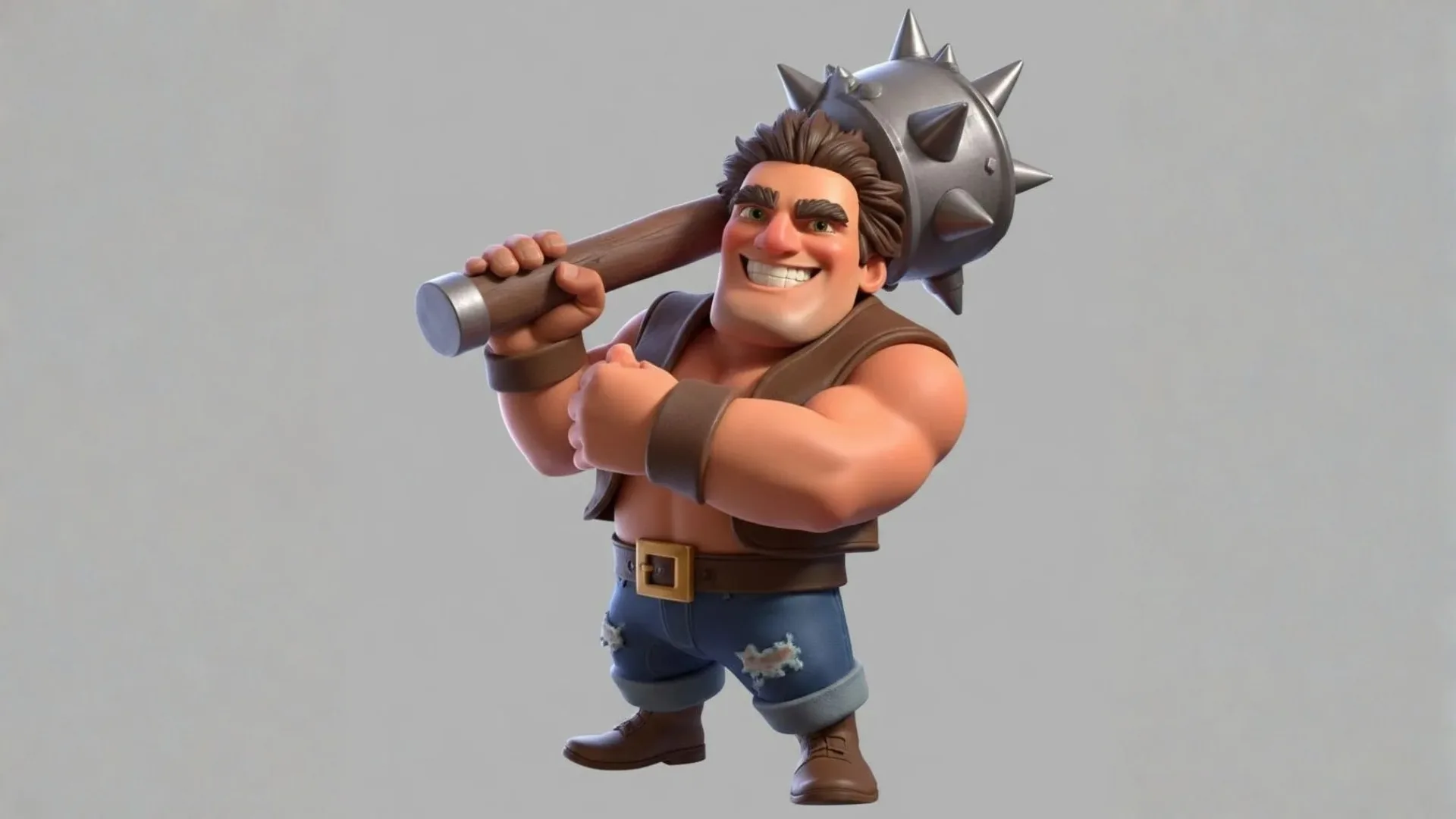 3D cartoon barbarian character with muscular build holding a large spiked metal mace, wearing brown leather vest and blue pants