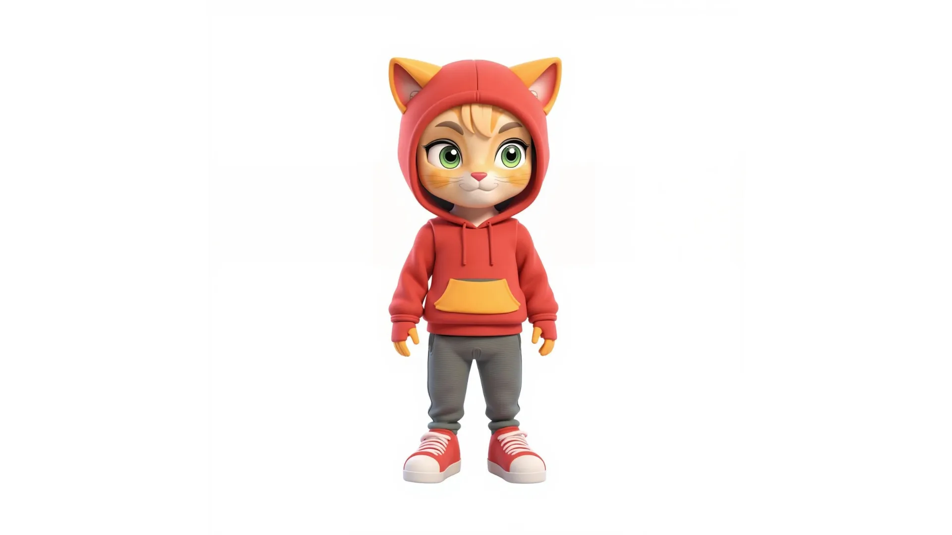Cute 3D animated cat character wearing red hoodie with cat ears, yellow pockets, gray pants and red sneakers