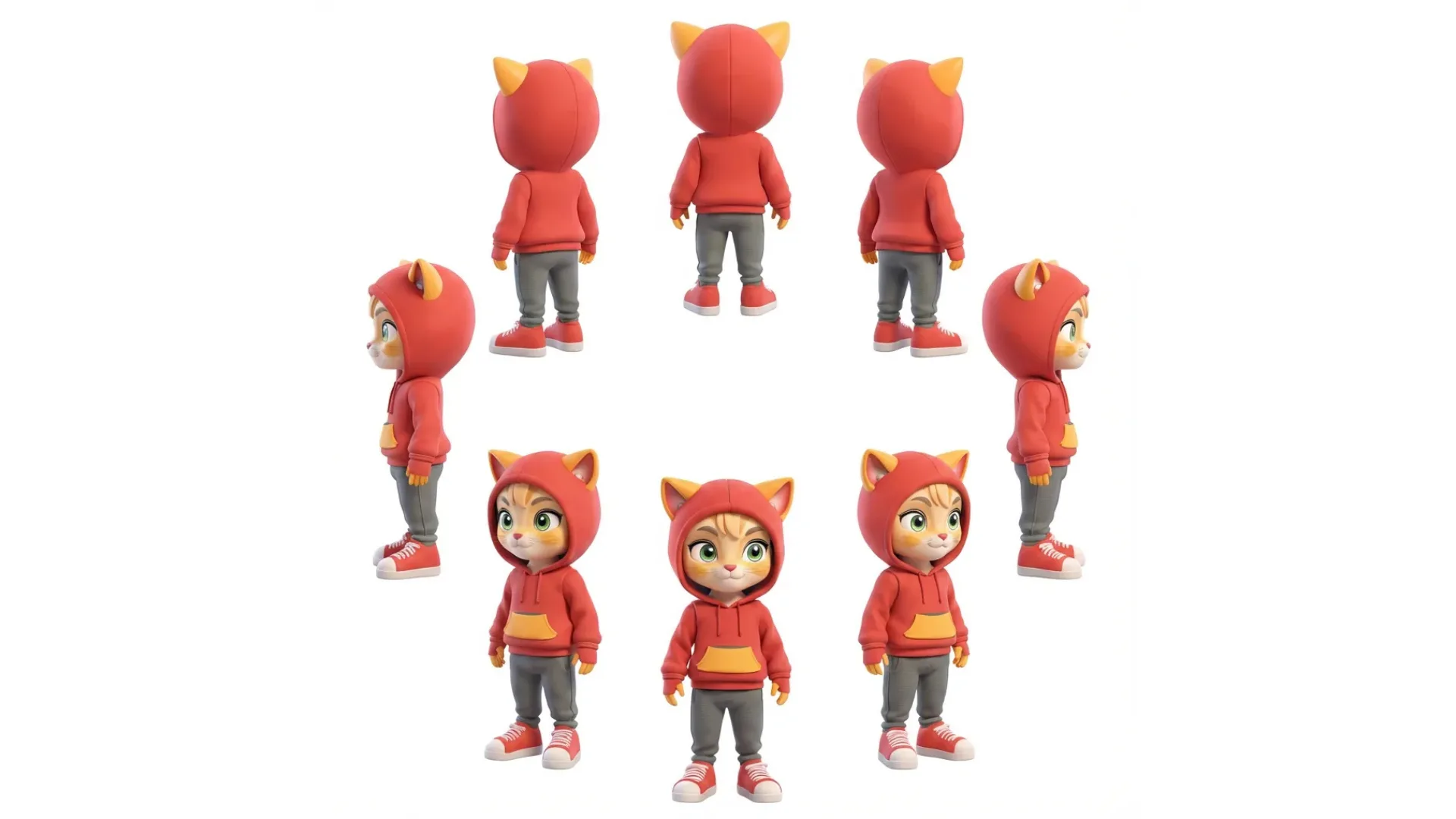 3D rendered red cat character with golden ears wearing red hoodie and gray pants shown from multiple angles and views