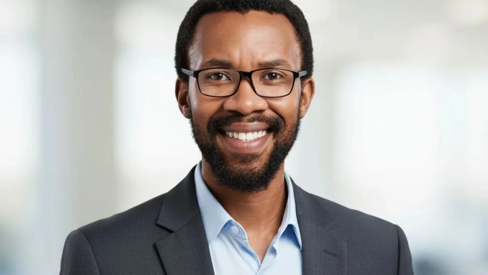 Smiling African American businessman wearing charcoal blazer, light blue shirt, and glasses in professional office headshot