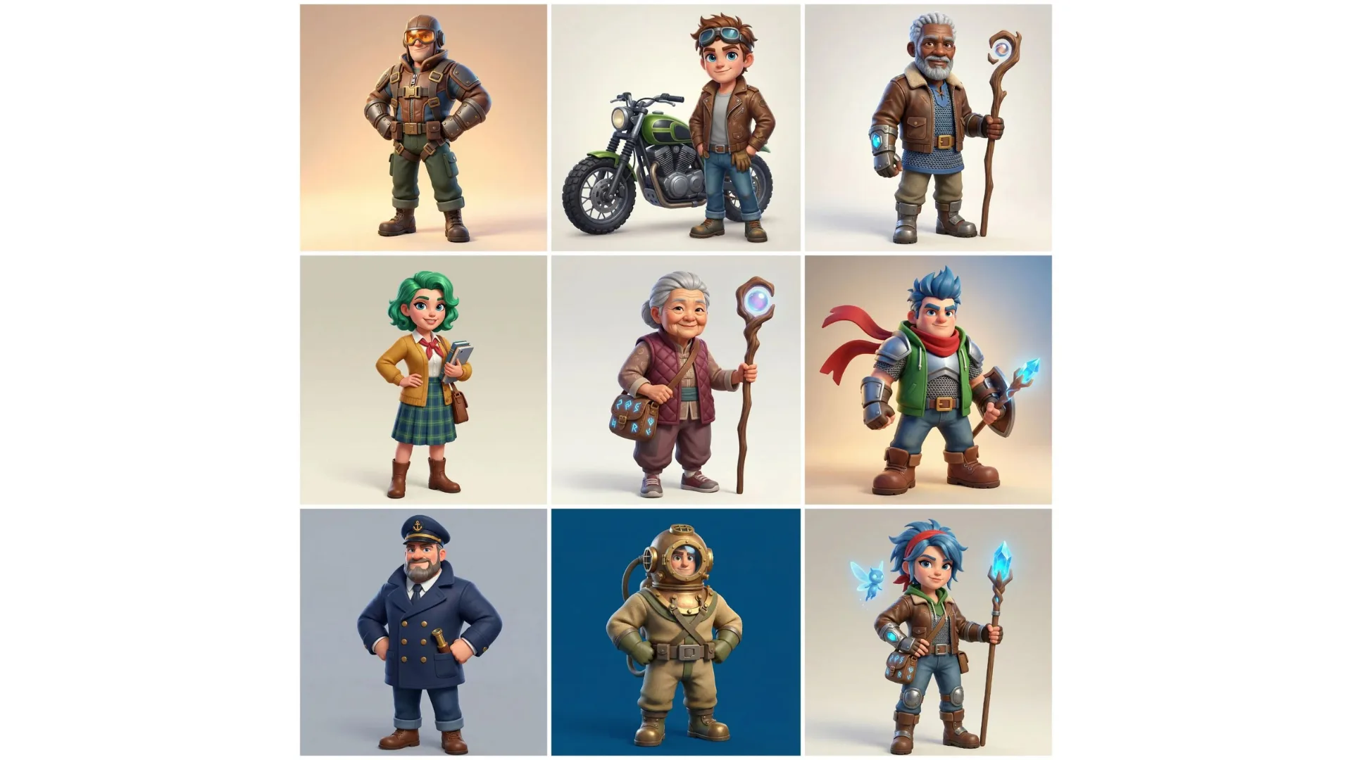 Nine 3D cartoon characters in steampunk style including pilots, adventurers, wizards, and sailors with goggles, leather jackets, and magical props
