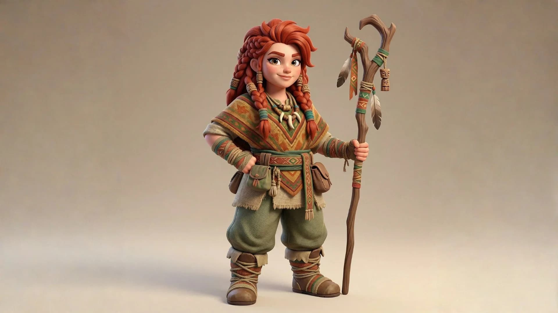 Animated female Viking warrior with vibrant red braided hair holding ornate wooden staff, wearing earthy-toned traditional Norse clothing with geometric patterns and leather details