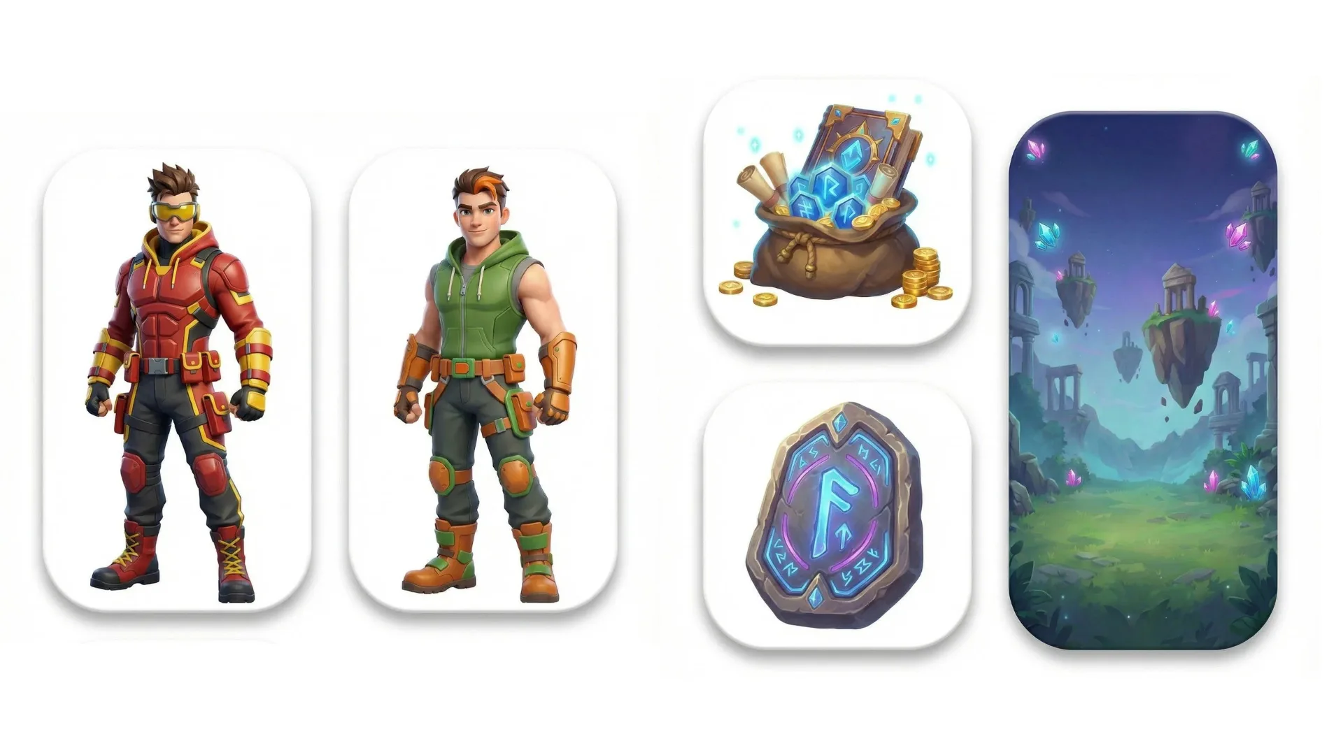 Game character designs with red and green armored heroes, magical treasure bag with coins, glowing rune stone, and fantasy landscape with floating islands and crystals