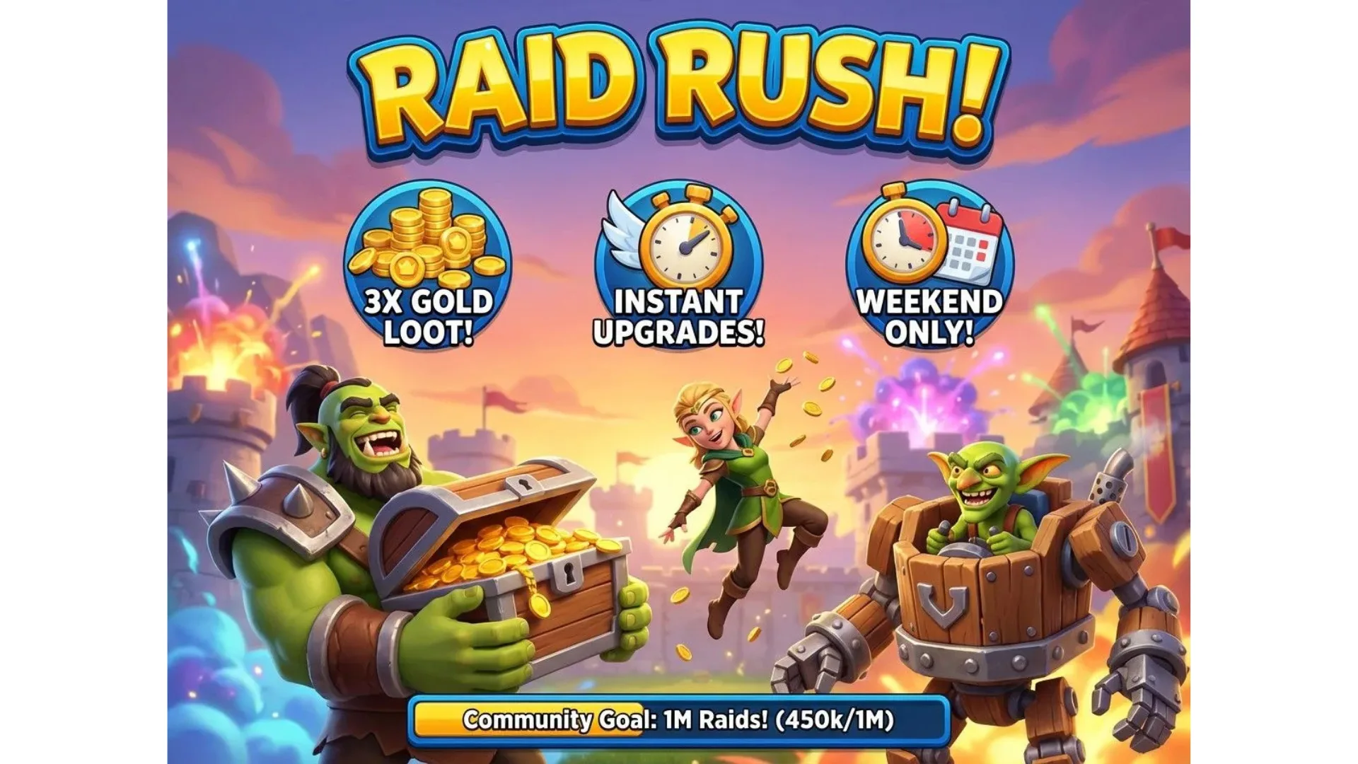 Raid Rush mobile game promotion showing cartoon fantasy characters with treasure chest, gold coins, and special event offers on purple sunset background