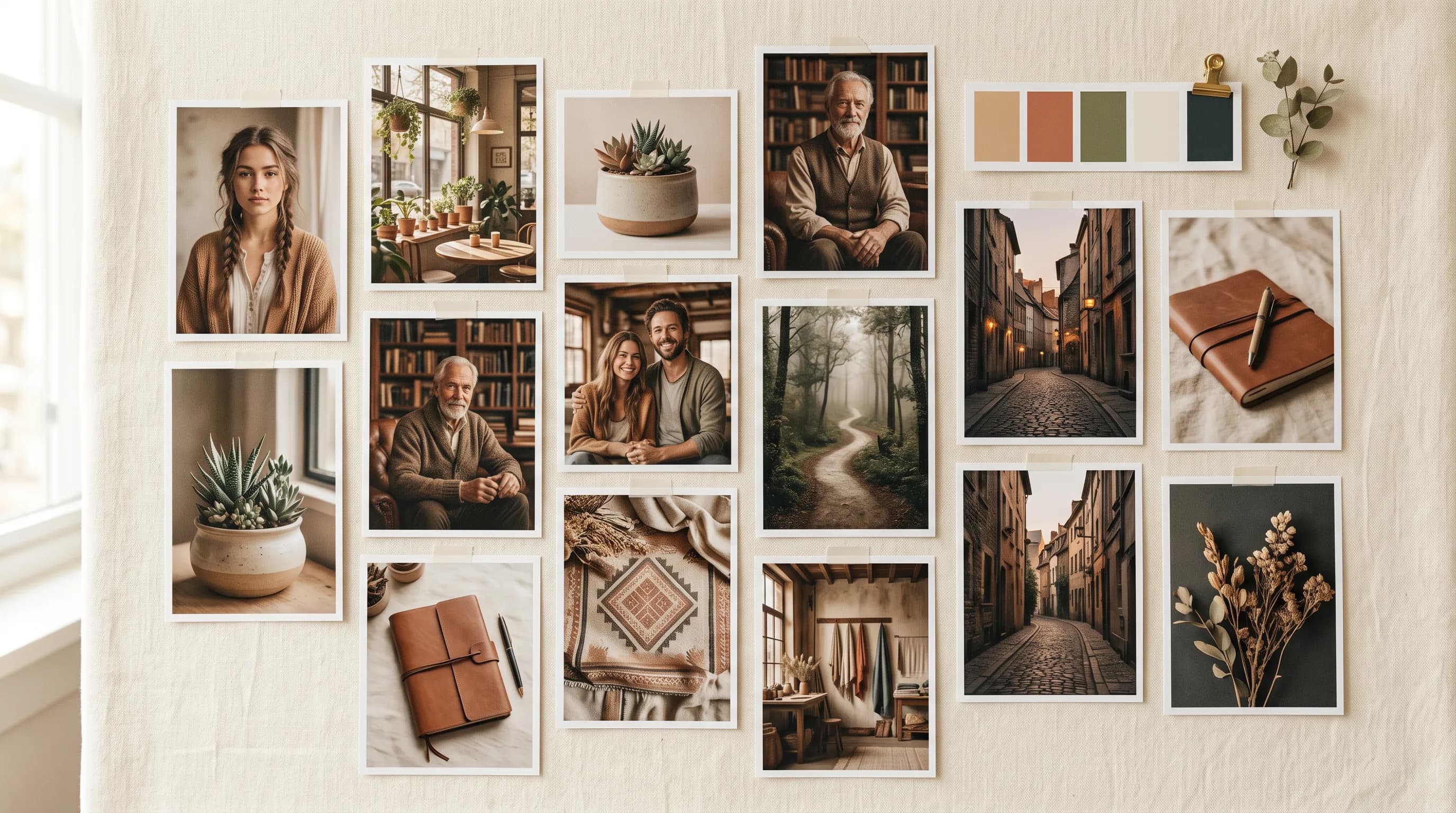 Gallery wall collage with framed photos, portraits, plants, leather journal, street scenes and color swatches on white wall