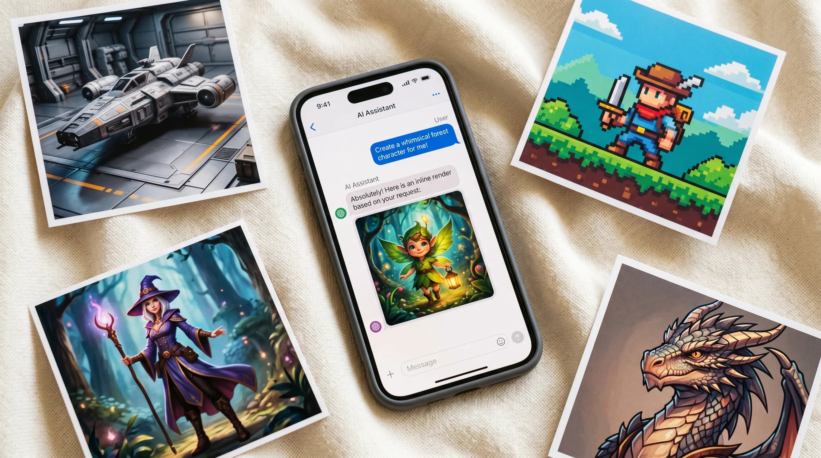 Smartphone showing AI assistant chat with fantasy artwork generator, surrounded by printed AI-generated images including sci-fi spaceship, pixel art character, wizard, and dragon