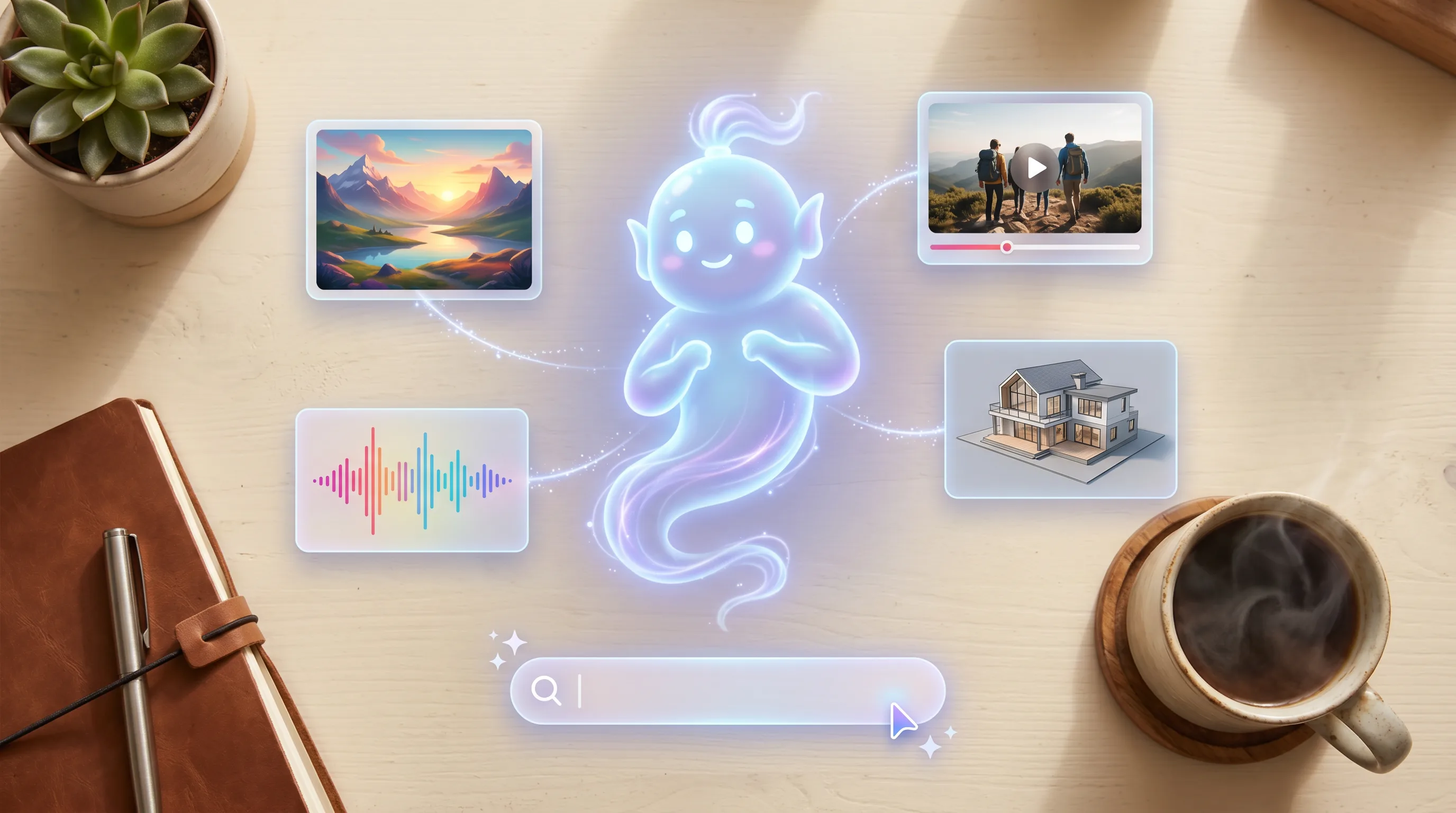 Glowing neon AI assistant character surrounded by content cards including landscape, video, house, and audio waveform on desktop workspace with coffee and plants