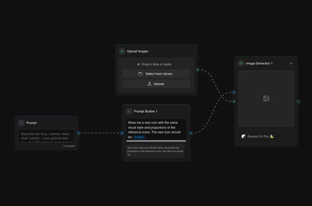 AI image generator interface showing upload panel, prompt builder, and Gemini 3.0 Pro model selection for creating icons and visual designs