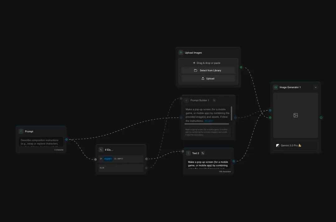 AI image generator interface showing workflow with prompt input, file upload options, and Gemini 3.0 model selection on dark theme UI