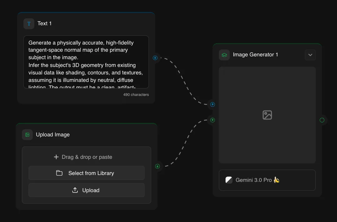 AI-powered normal map generator interface showing text instructions for creating tangent-space normal maps with Gemini 3.0 Pro model