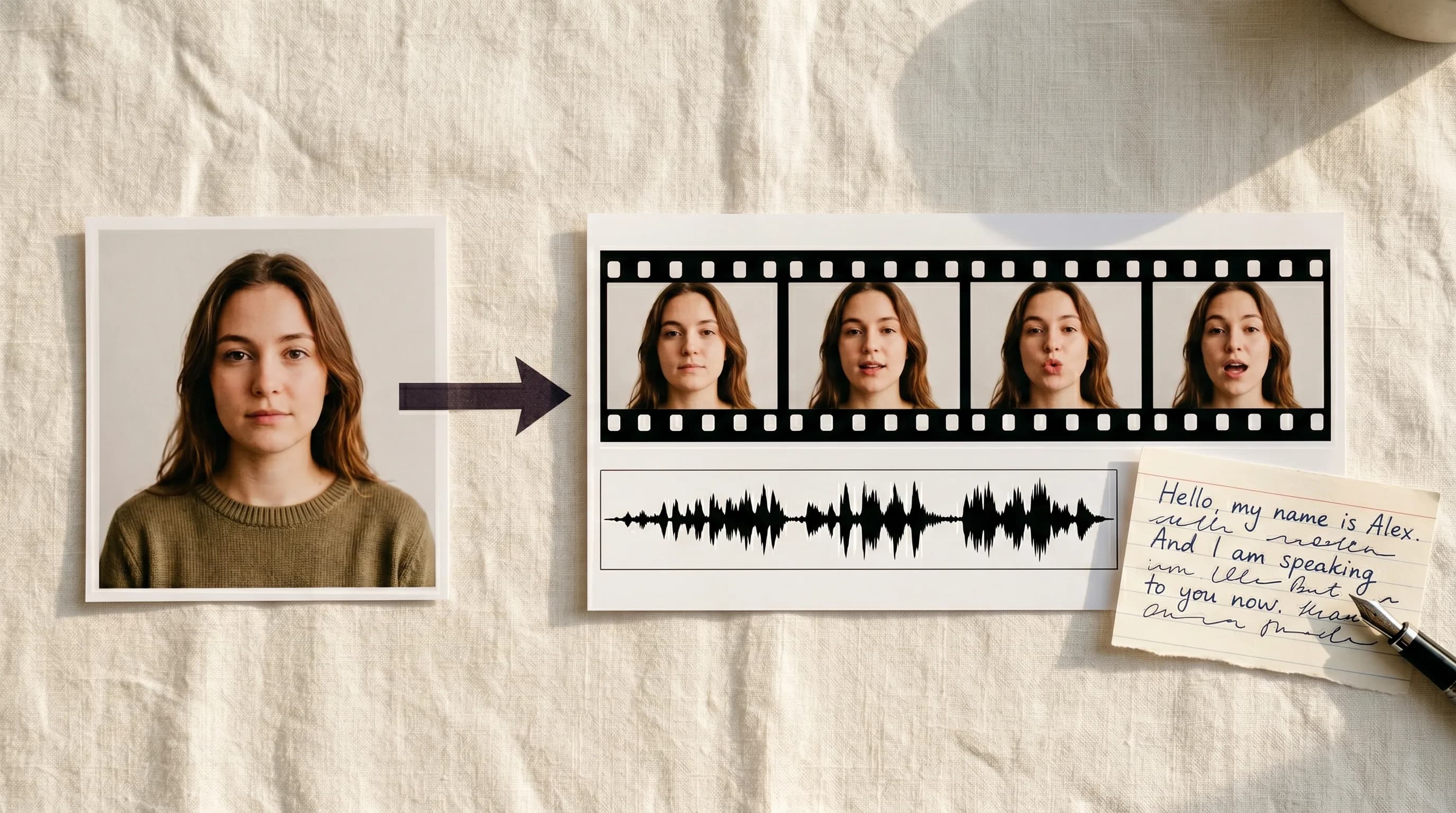 AI-generated video frames showing woman's face with different expressions in filmstrip format with audio waveform and handwritten introduction note