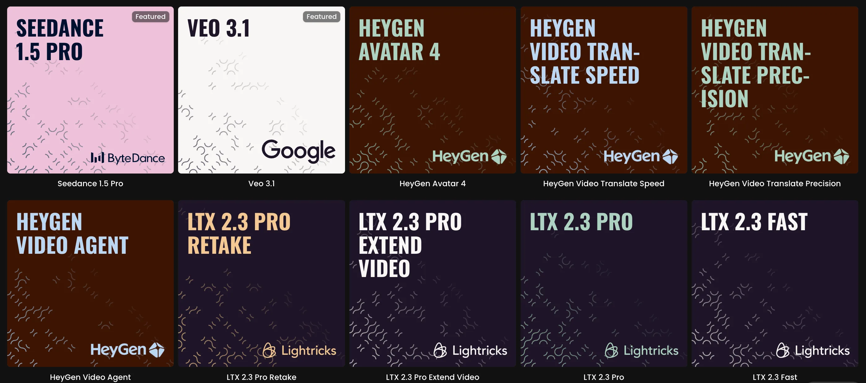 Grid of AI video generation tools including Seedance 1.5 Pro, Veo 3.1, HeyGen Avatar 4, HeyGen Video Translate, and Lightricks LTX 2.3 Pro software interfaces