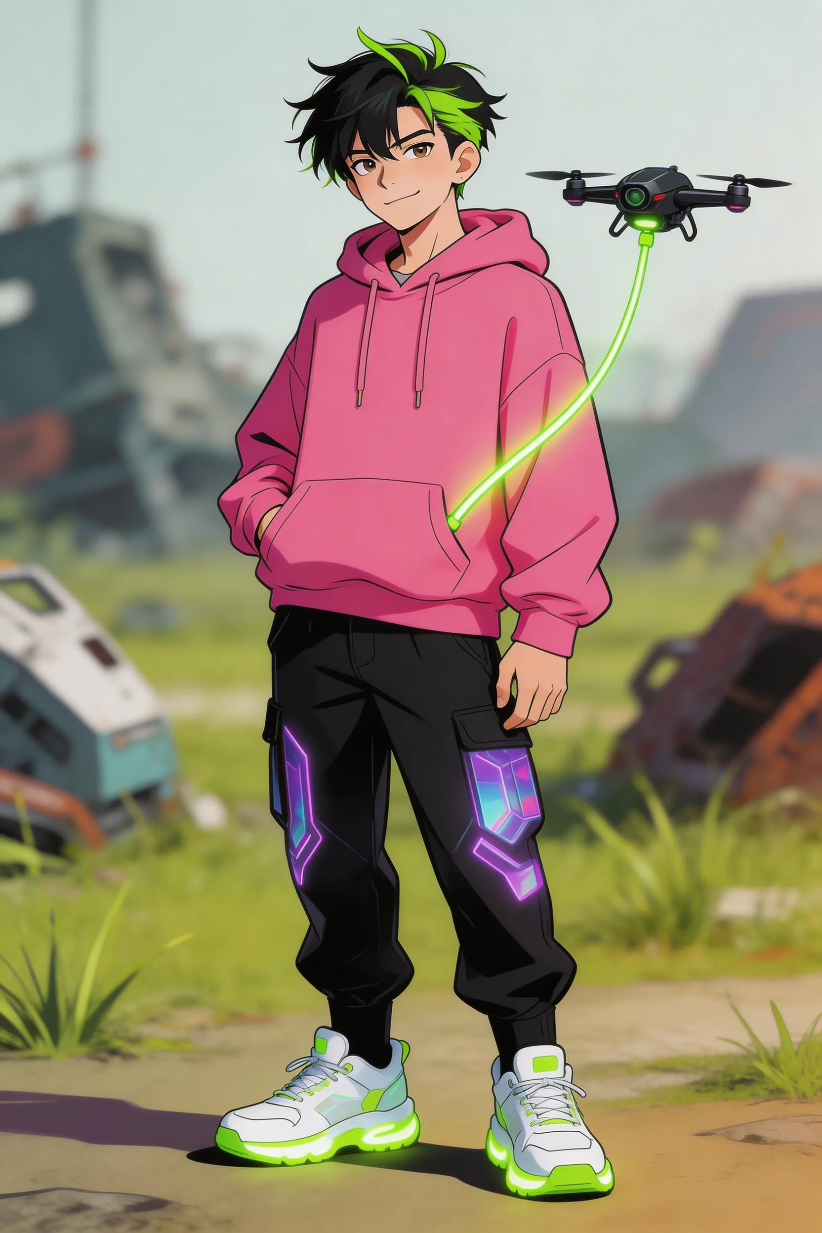 Anime-style teen boy with black and neon green hair wearing pink hoodie and glowing neon sneakers controls drone in outdoor tech landscape