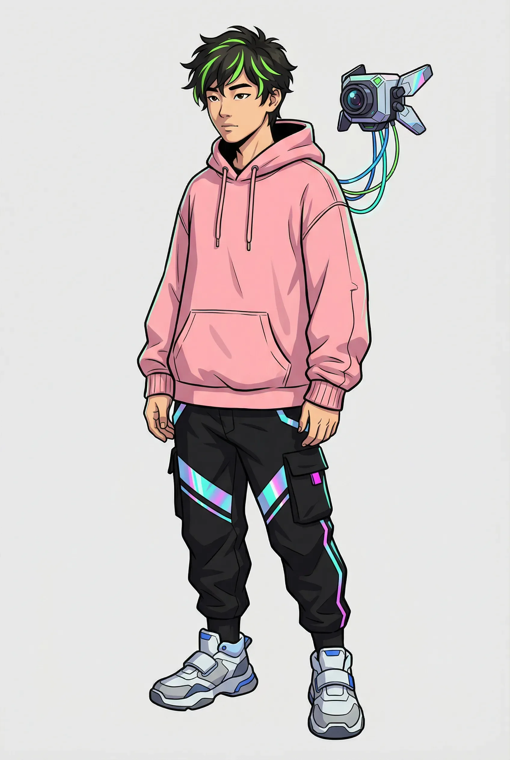 cartoon drawing of a man with green hair and a pink hoodie