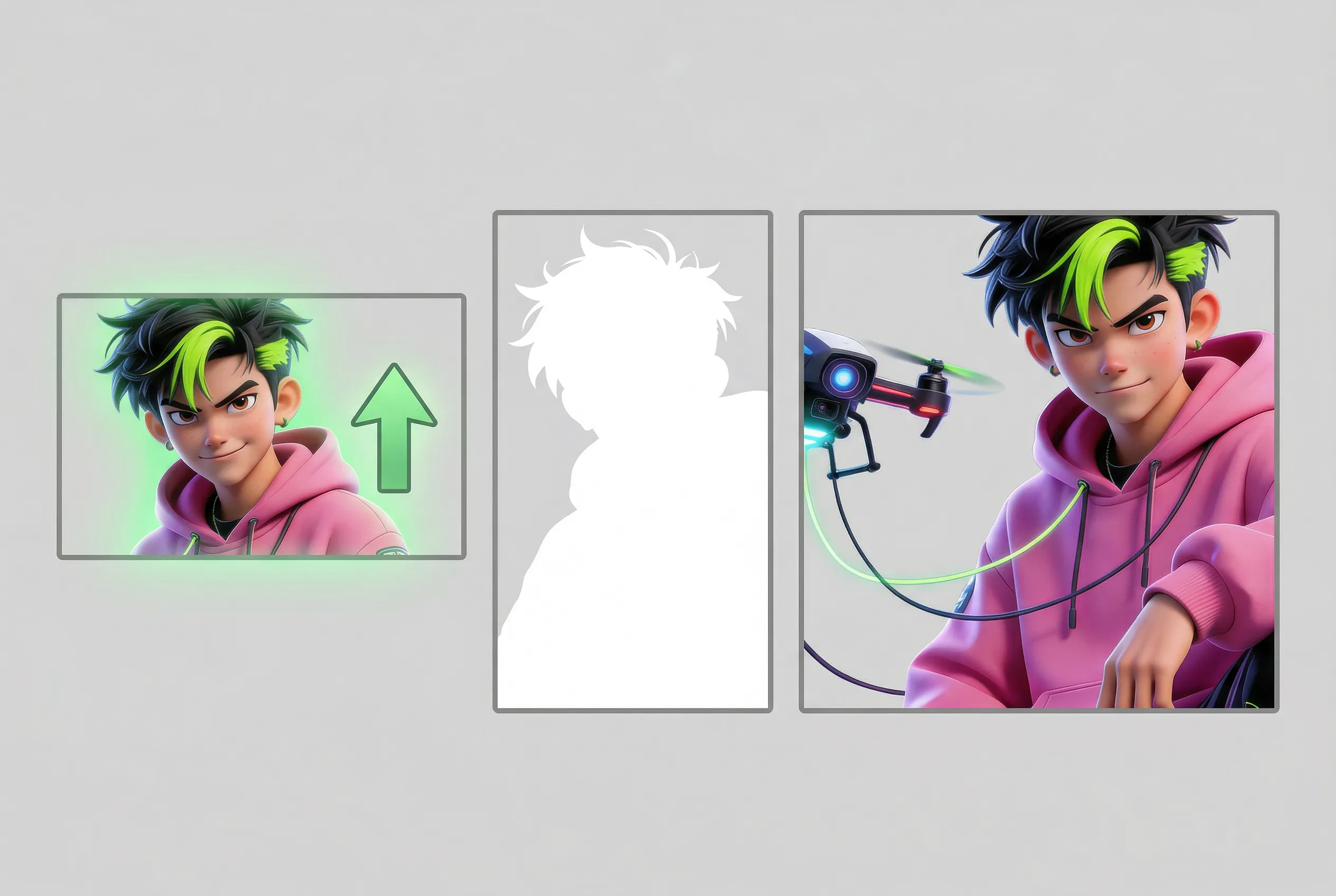 Animated young gamer character with neon green hair and pink hoodie holding a futuristic drone with glowing lights