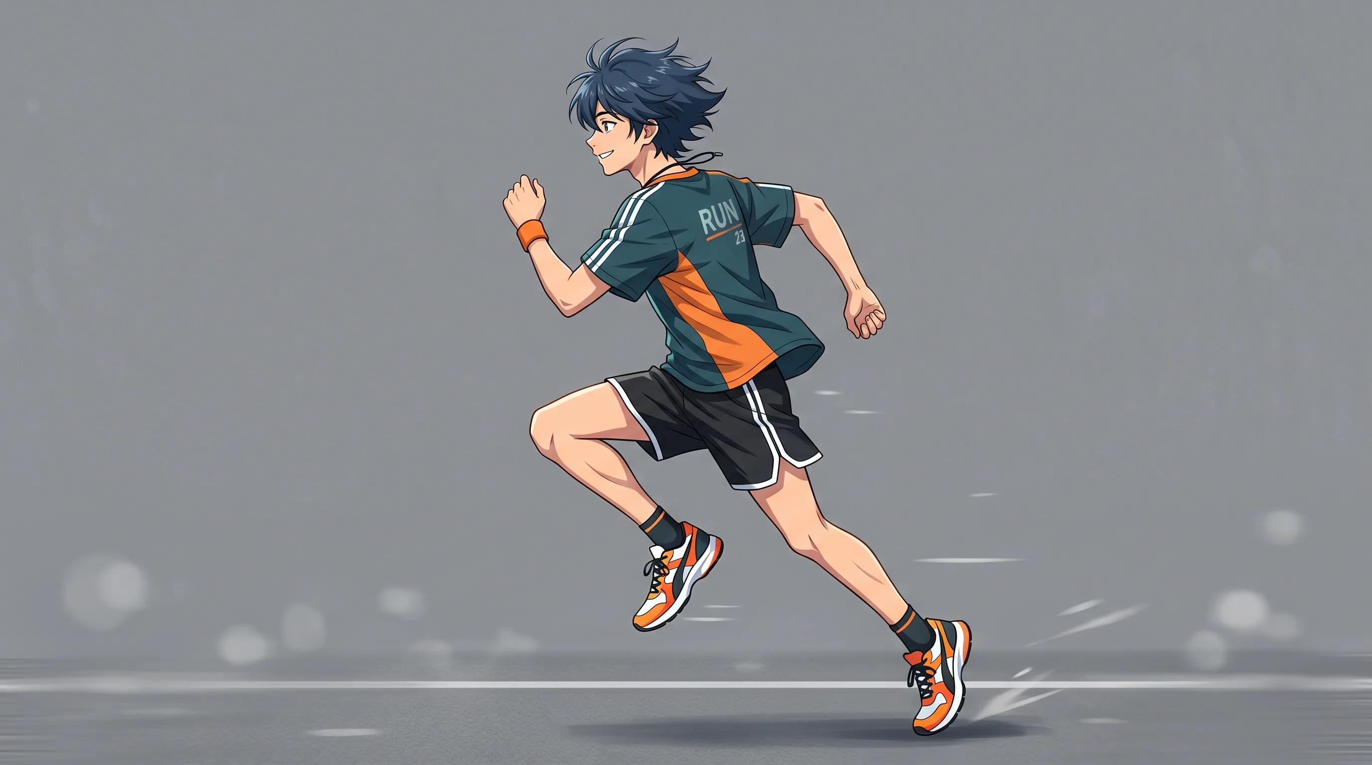 Anime-style male runner in motion, wearing green and orange sports jersey and black shorts, dynamic running pose with determined expression