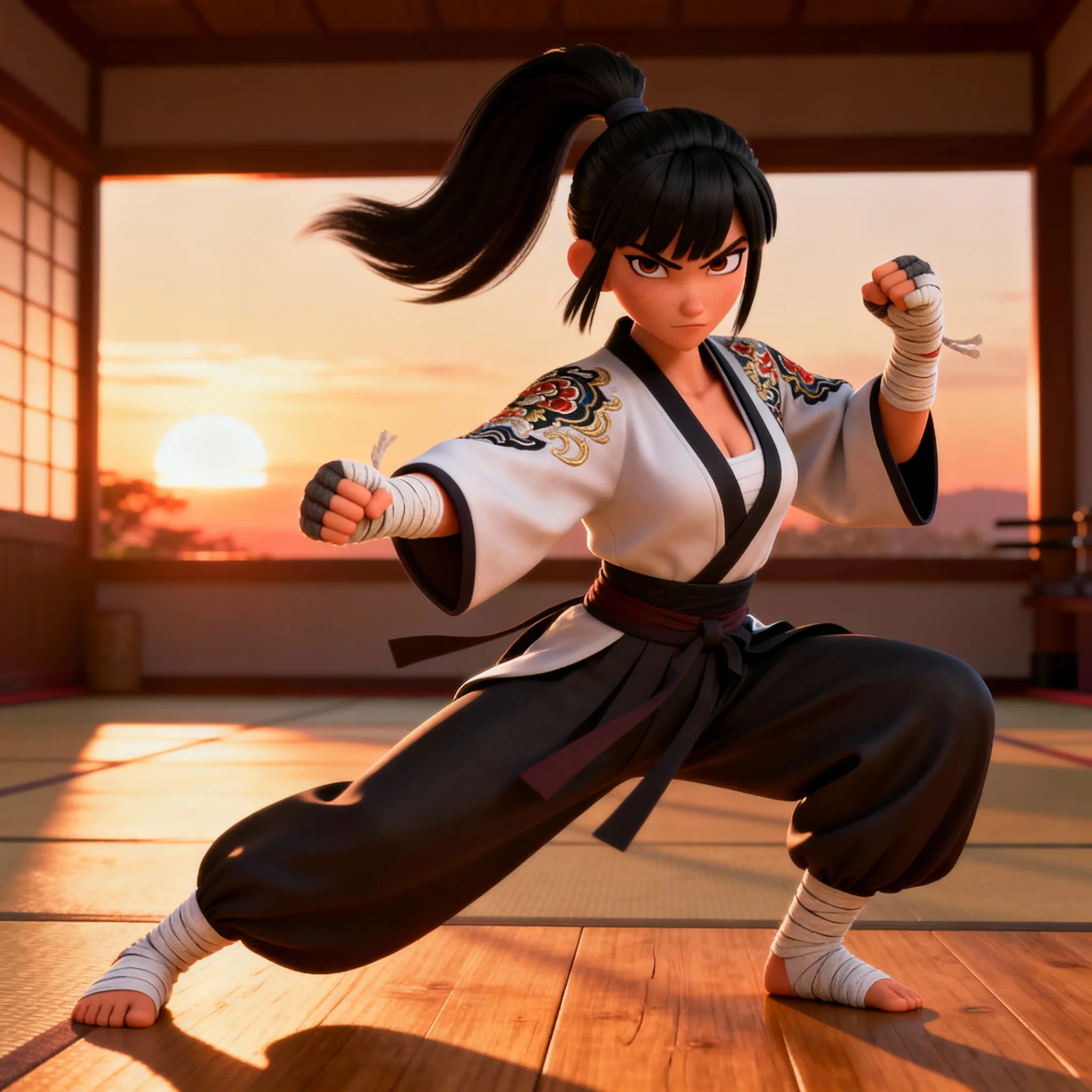 Determined anime girl in white and black karate gi practicing martial arts in traditional dojo at sunset with golden light through wooden window frames