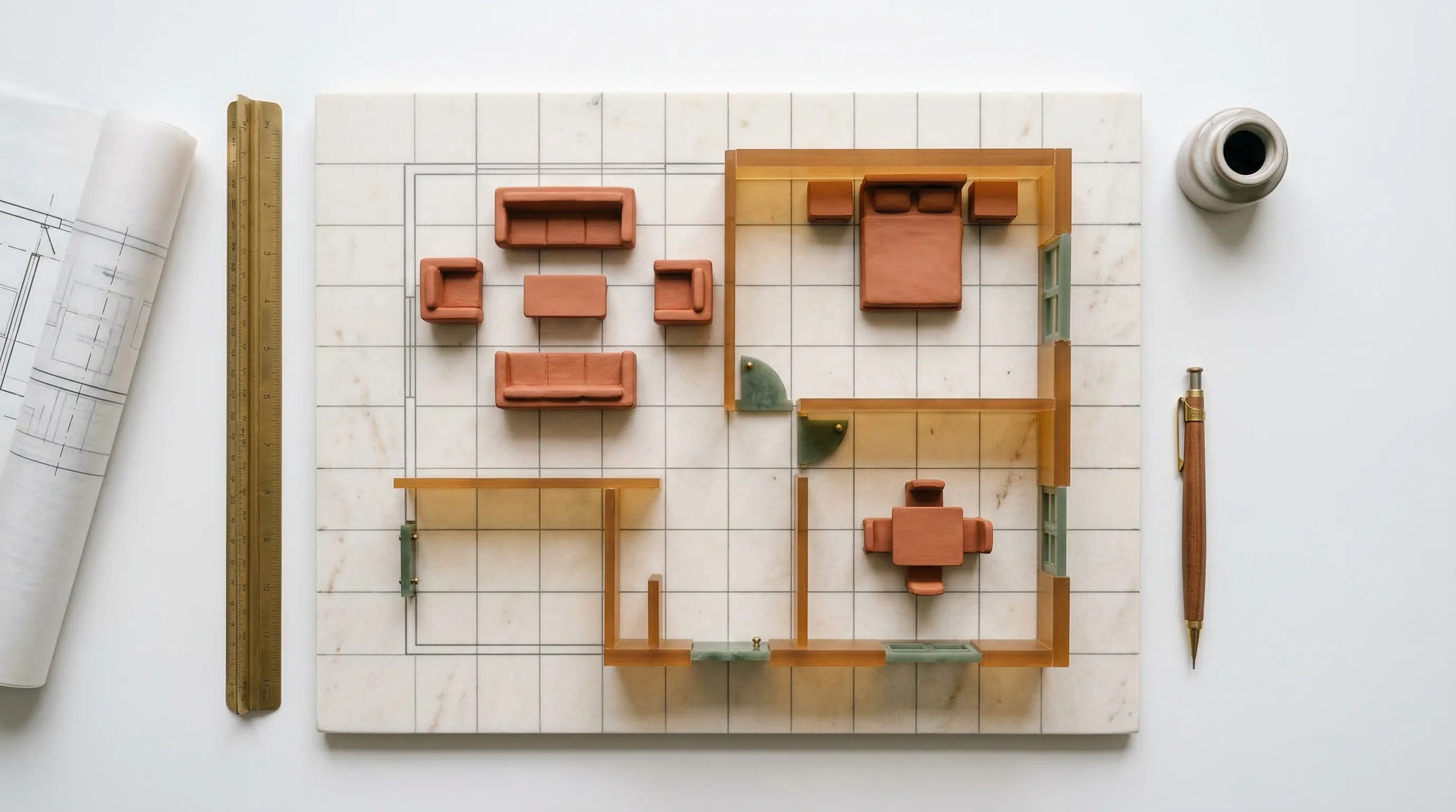 Top-down view of an interior design floor plan with miniature furniture models, scale drawings, and design tools on white grid paper