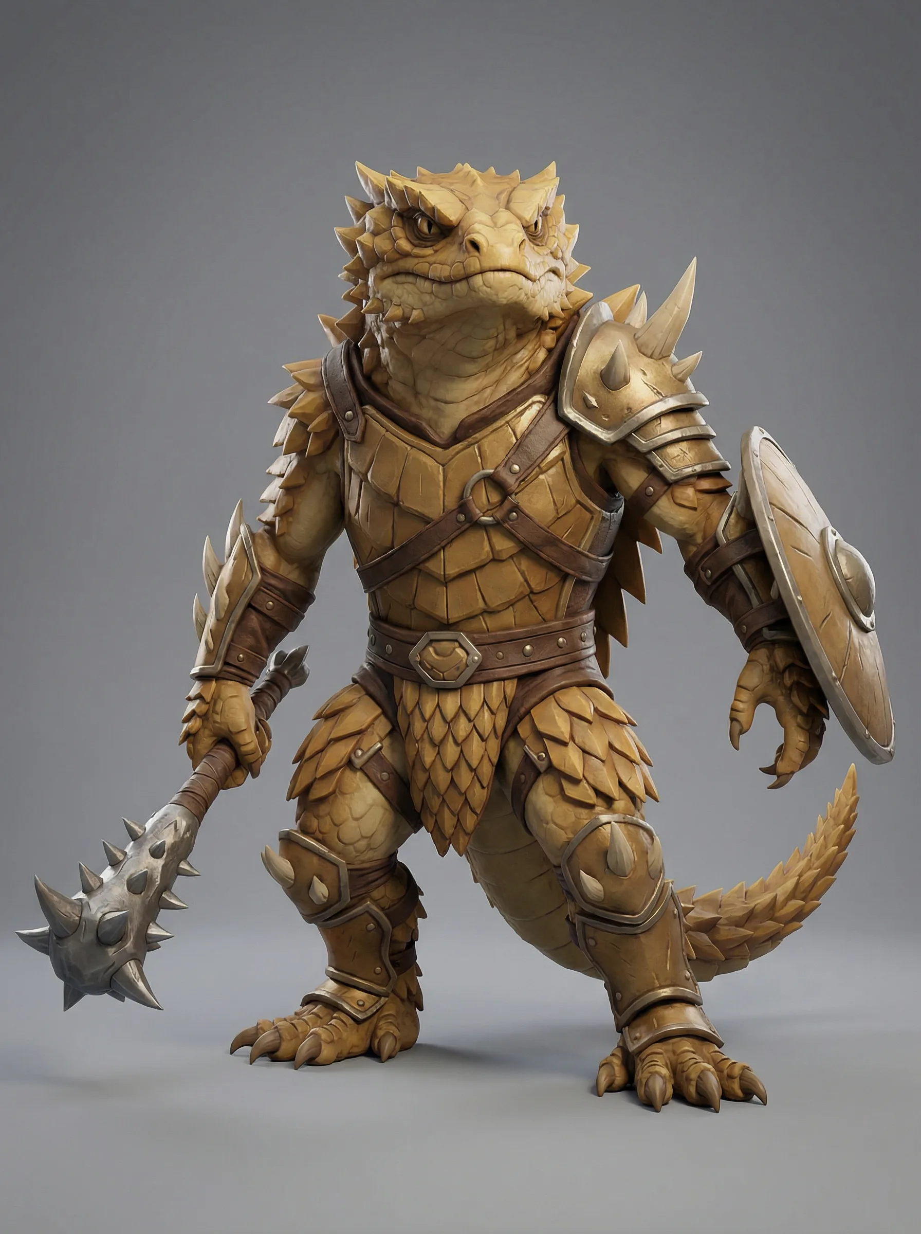 Golden armored dragon warrior with spiky scales, leather armor, and spiked mace fantasy character illustration