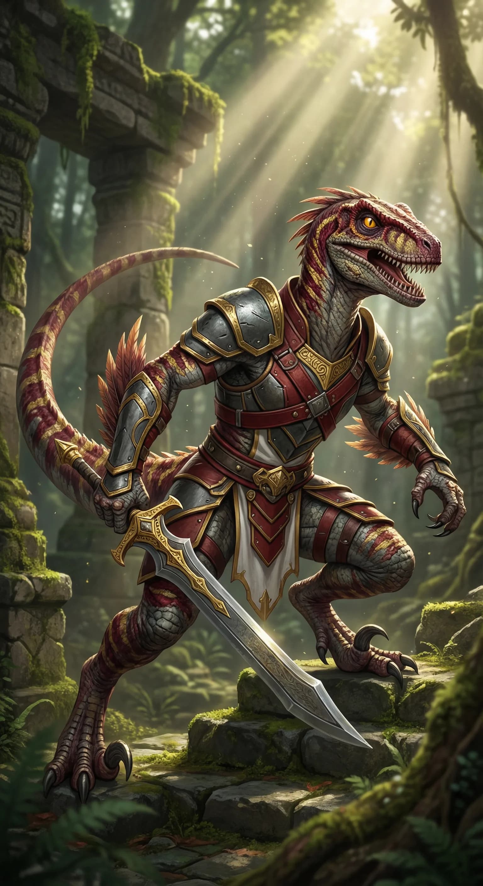 Fantasy art of armored dinosaur warrior in red and gold armor wielding sword in misty jungle ruins with moss-covered stones