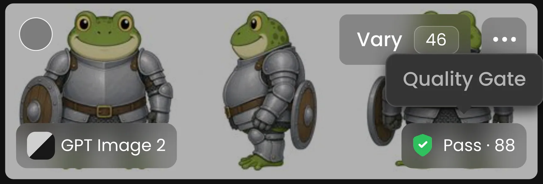 Cartoon frog character wearing medieval knight armor with shield and sword, front and side view poses