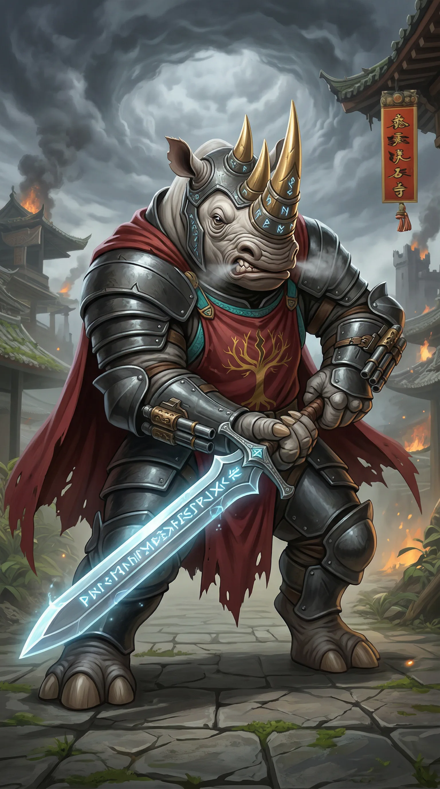 Armored rhinoceros warrior with golden horns, black plate armor, red cape, and glowing blue sword standing in front of Asian temple ruins with stormy sky