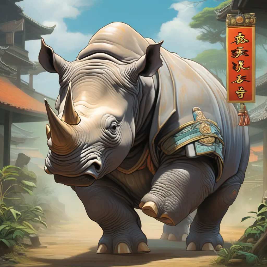 Majestic white rhinoceros wearing ornate blue and gold armor in Asian temple courtyard with traditional architecture