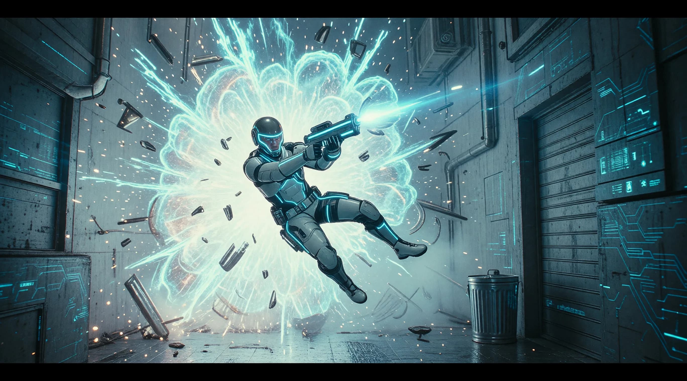 there is a man in a space suit flying through a room