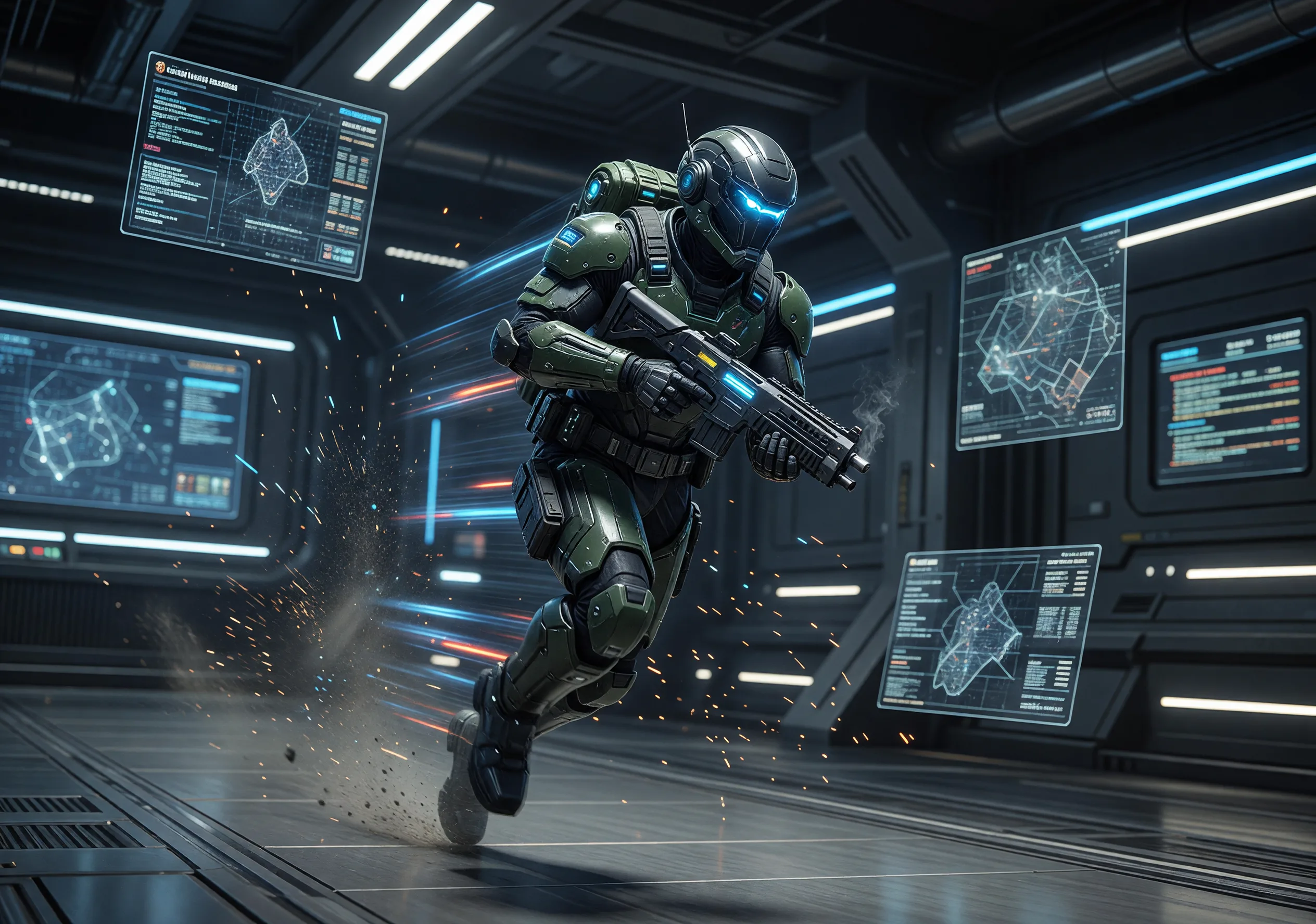 arafed soldier in a futuristic space setting with a gun