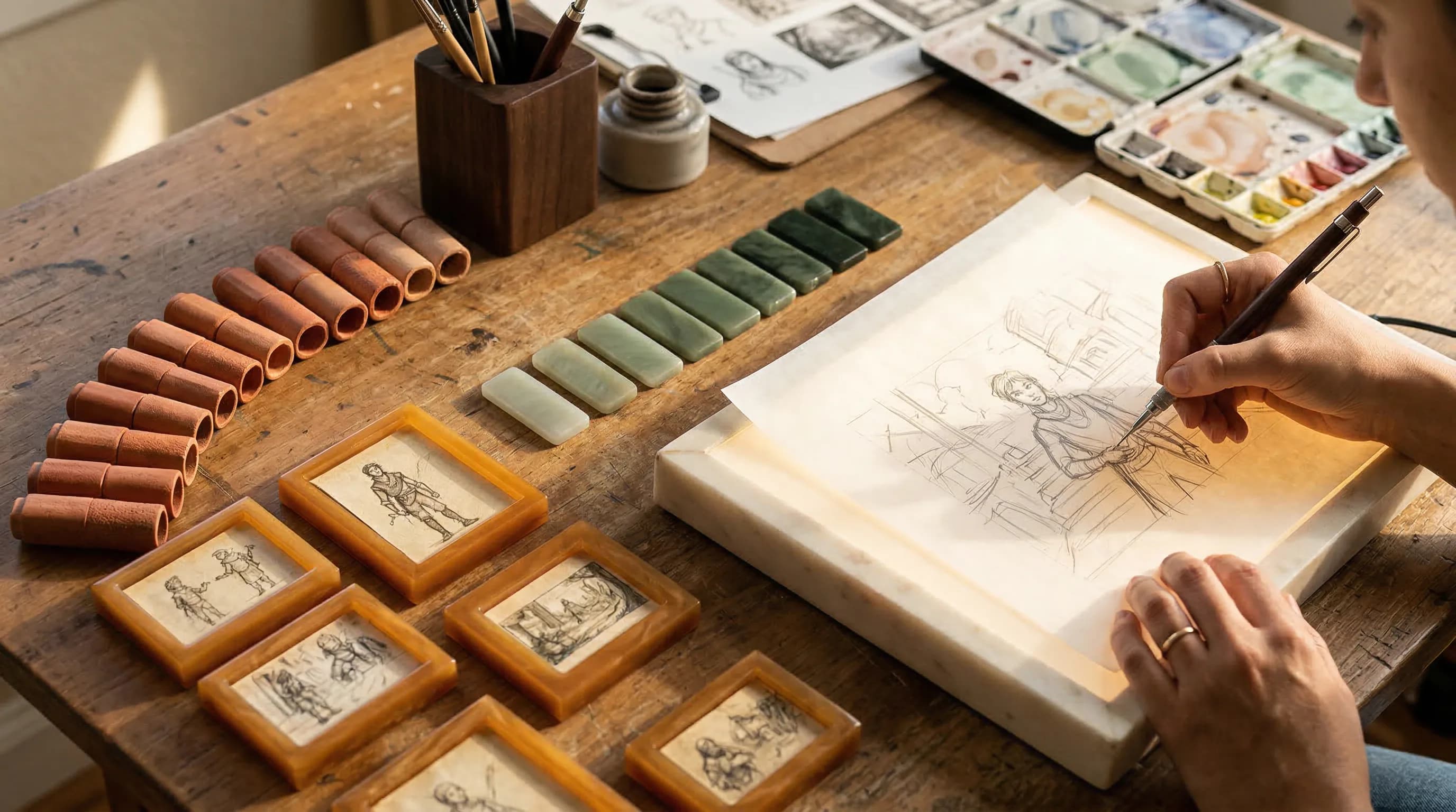 Artist sketching at wooden desk with organized art supplies including markers, watercolor palette, and framed illustrations