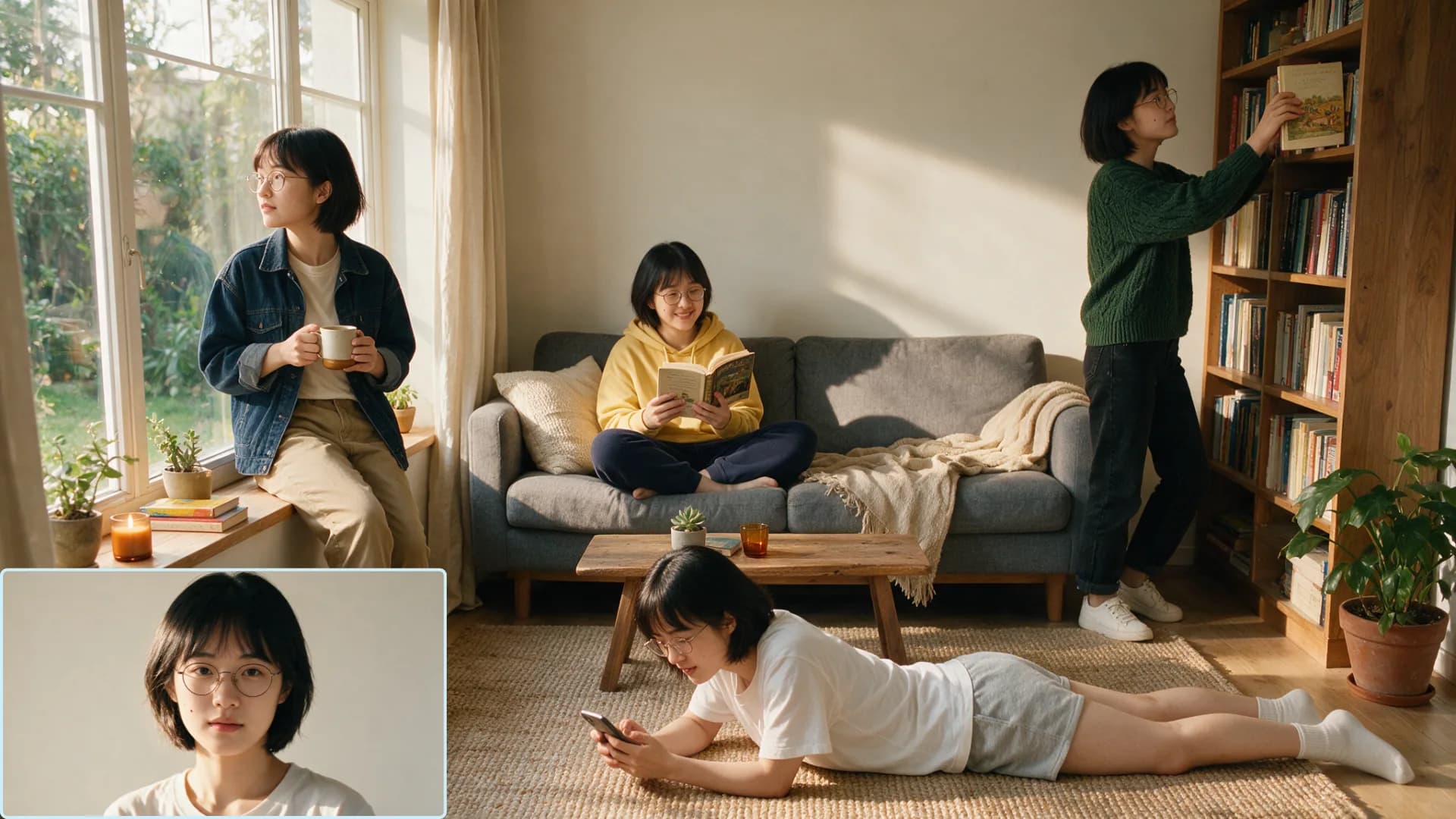 Asian family enjoying books together in bright living room with couch, bookshelf, and natural window light