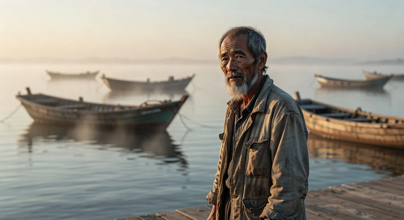 there is a man standing on a dock with boats in the background