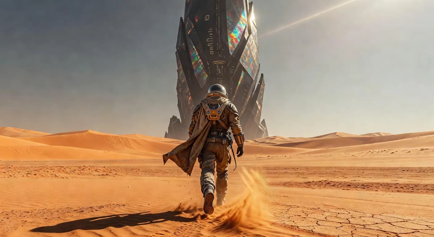 arafed man in a space suit walking in the desert