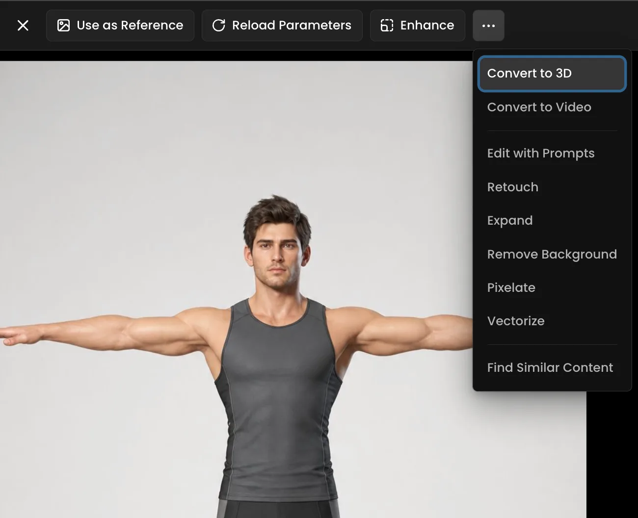 Athletic man with muscular arms spread wide wearing gray tank top and black shorts on white background
