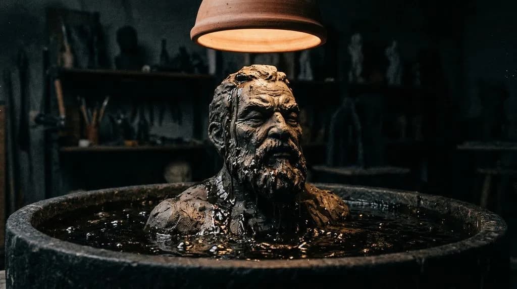 Bronze bearded man statue submerged in dark water fountain with copper lamp overhead in moody studio setting