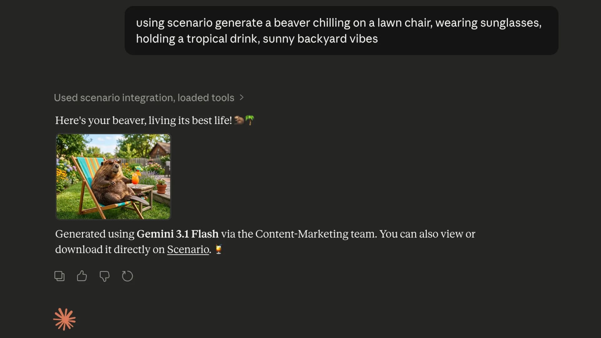 Beaver relaxing on striped lawn chair wearing sunglasses holding tropical drink in sunny backyard setting