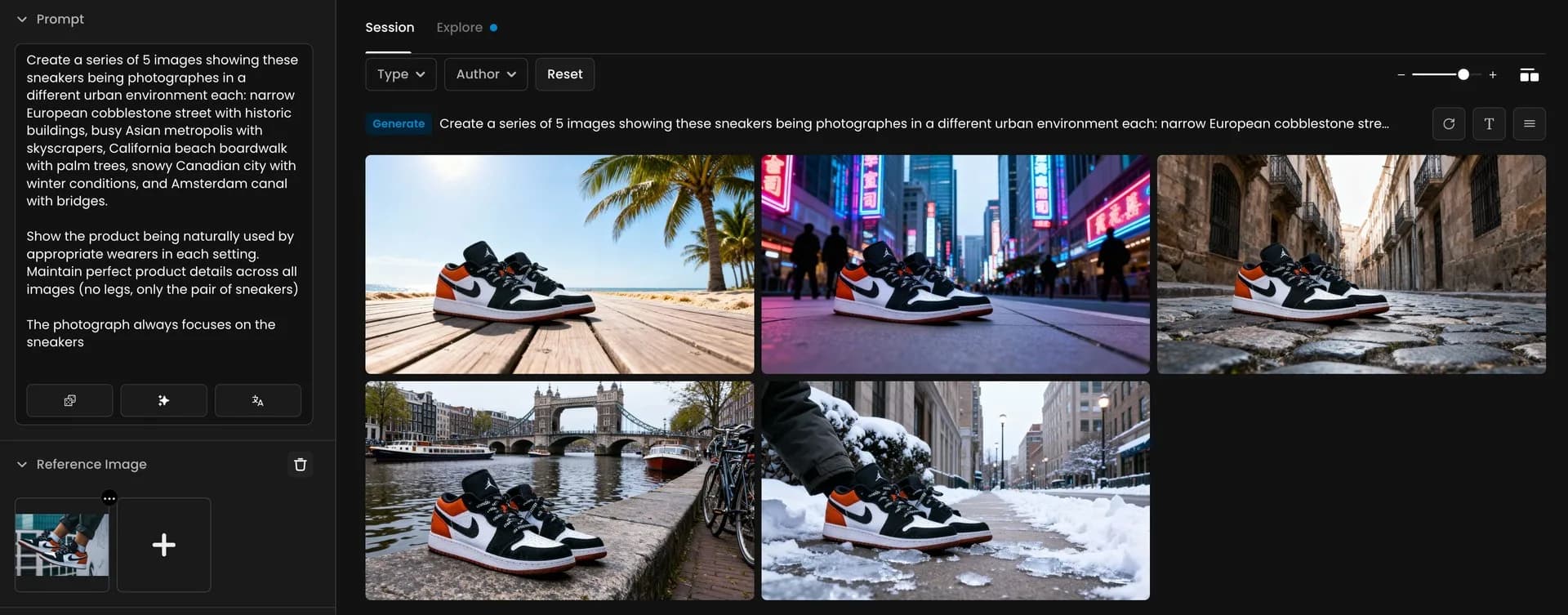 Collage of sneakers photographed in five urban settings: California beach boardwalk, Asian city at night, European cobblestone street, snowy city, and Amsterdam canal bridge.