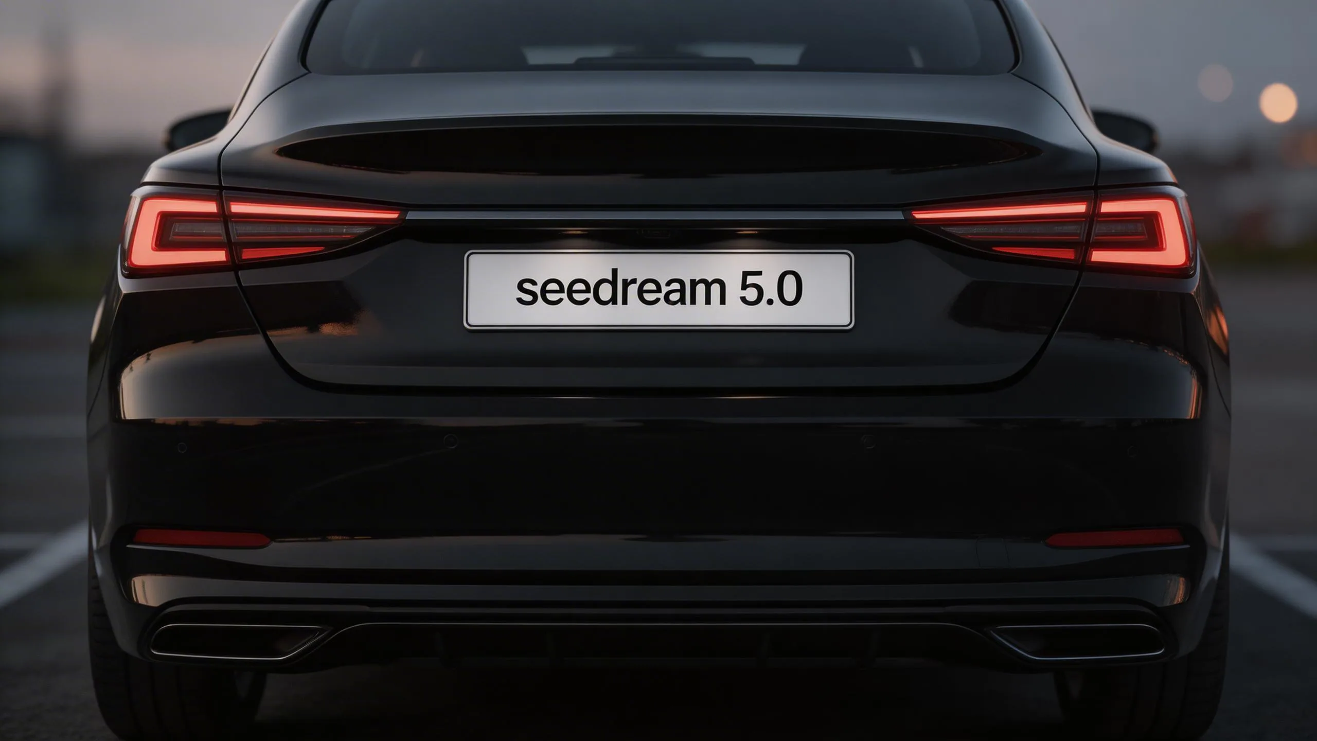 Black luxury sedan rear view with LED red taillights and seedream 5.0 license plate at dusk