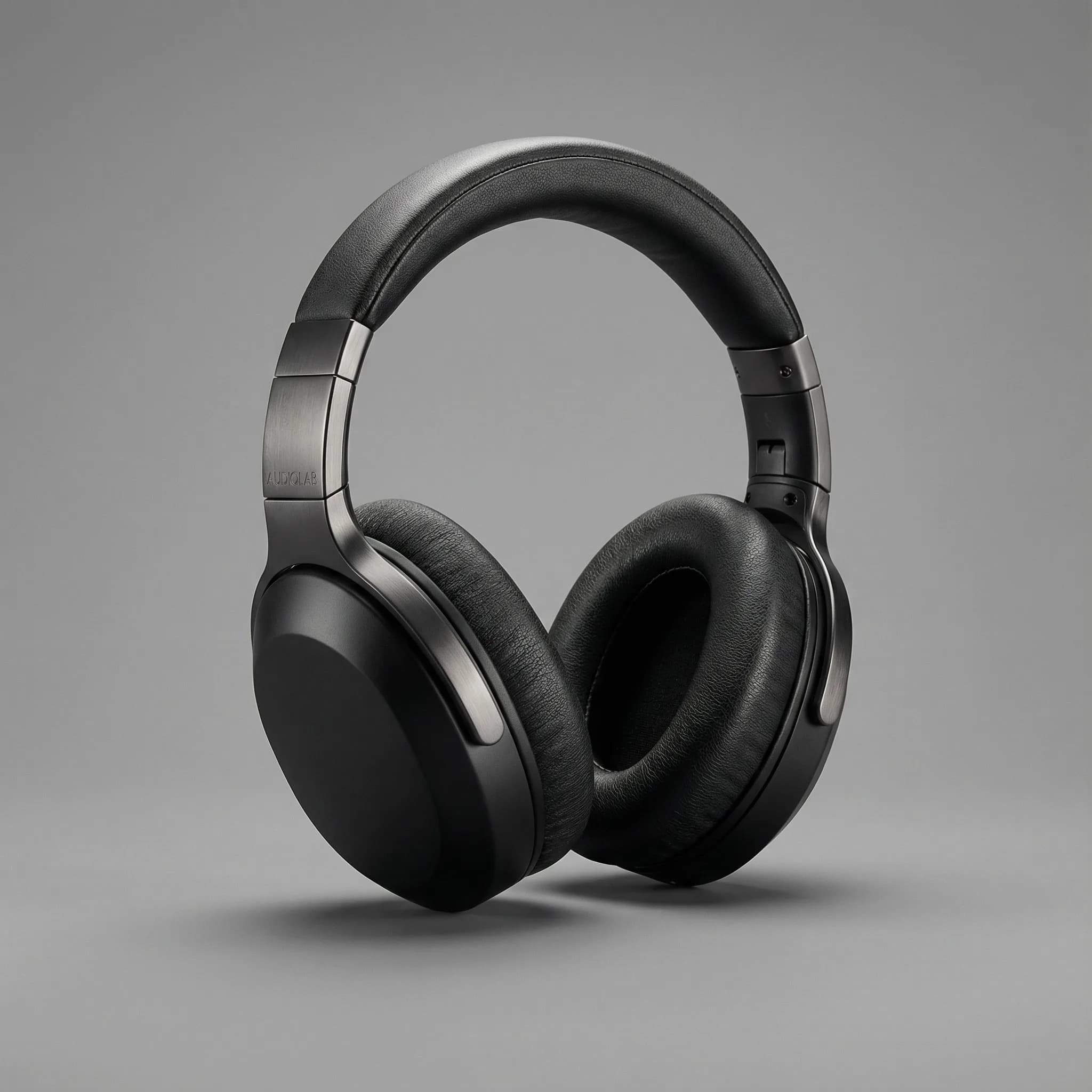 Professional black over-ear headphones with metal accents and padded ear cups on gray background, product photography
