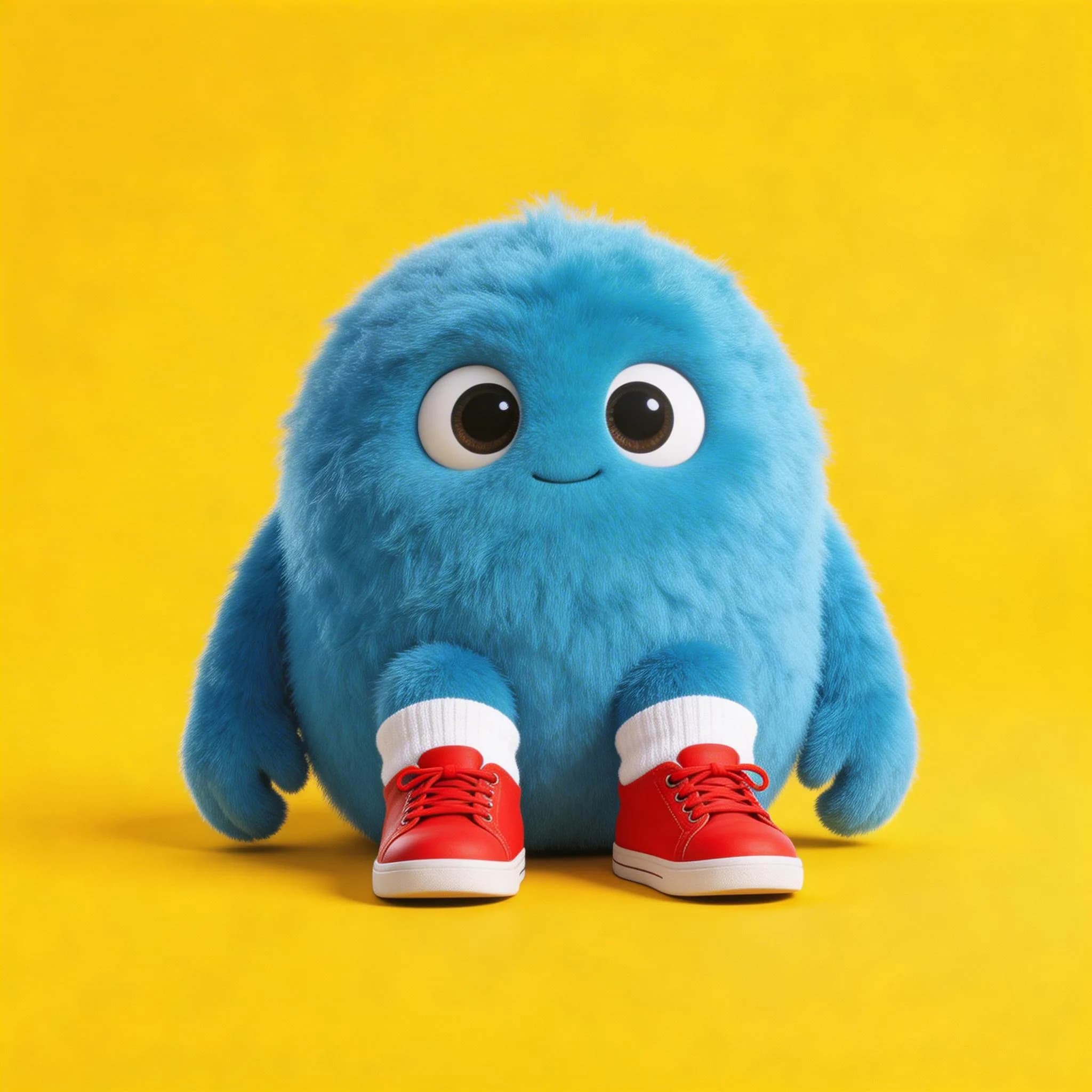 Cute blue fluffy monster character with big eyes wearing red sneakers on bright yellow background