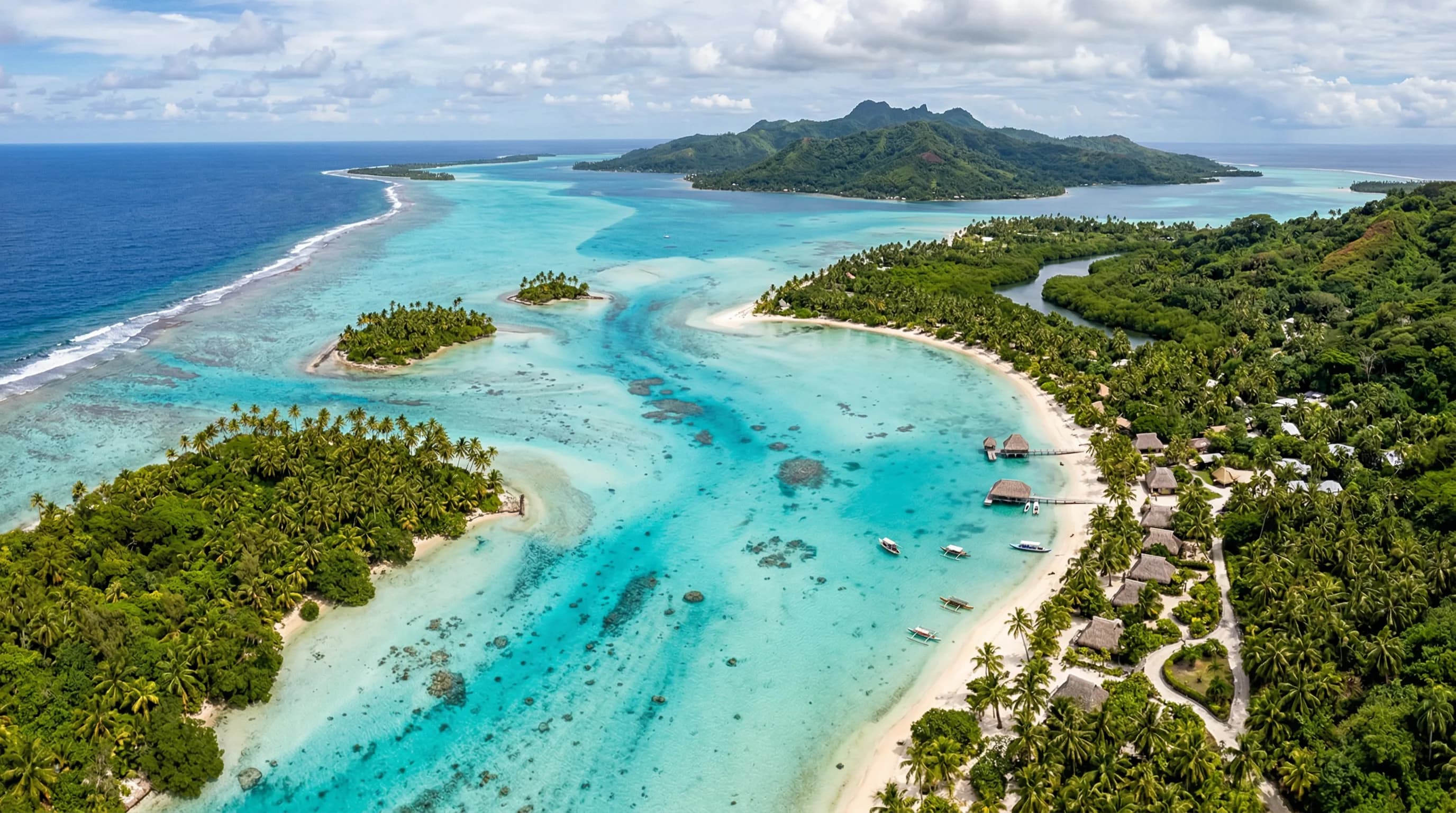 Aerial view of Bora Bora's turquoise lagoon with overwater bungalows, palm trees, and volcanic peaks in French Polynesia