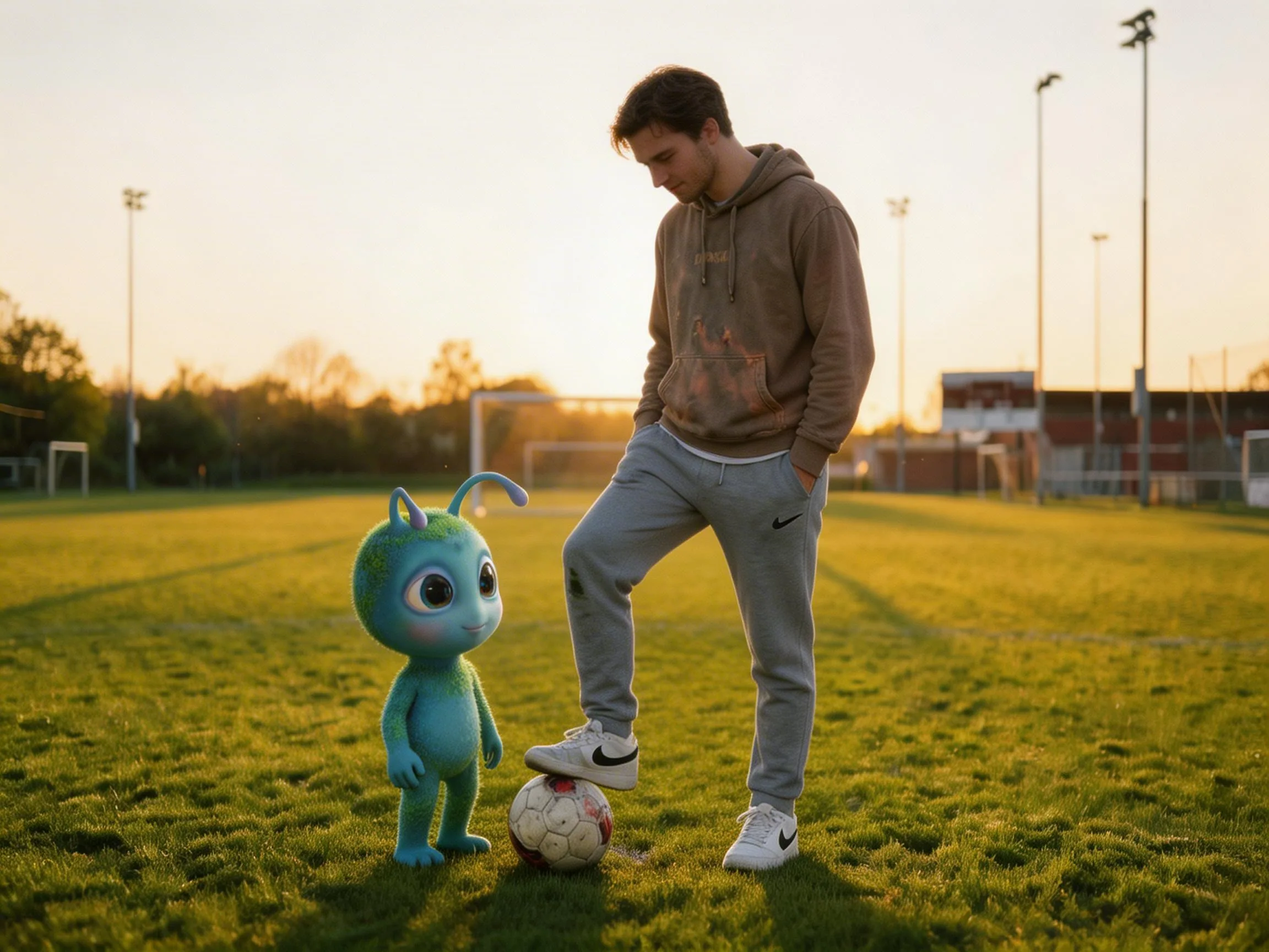 Young man playing soccer with a blue alien character on a sports field at golden hour sunset