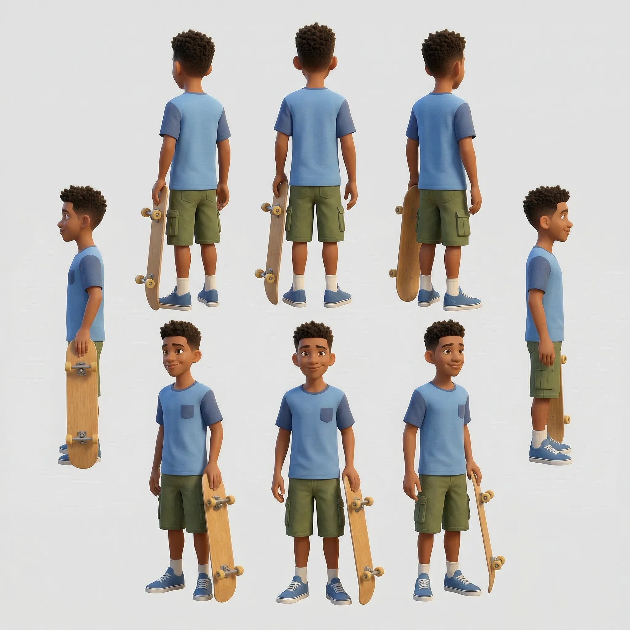3D rendered boy character with curly hair wearing blue shirt and green cargo shorts, holding wooden skateboard, shown from multiple front, back, and side views